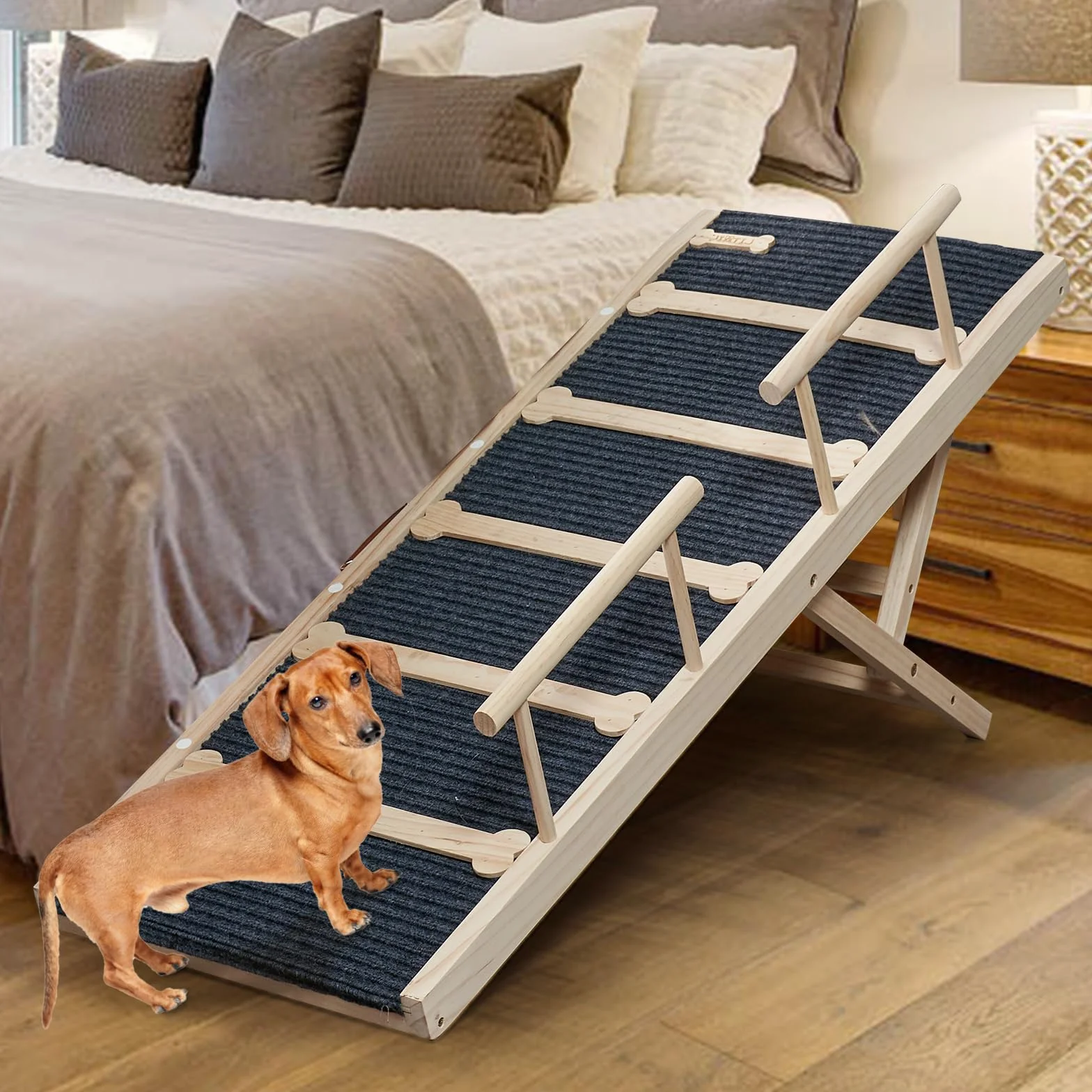 Rampe pour chien en bois 120 cm antidérapante 6 hauteurs réglables 40-71 cm avec tapis de traction