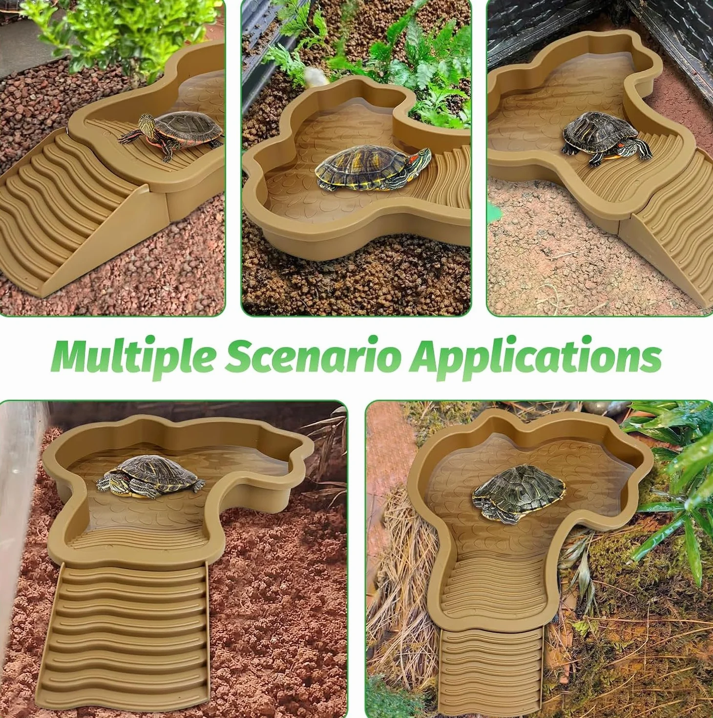 MEISO Abreuvoir Tortue Terrestre avec Rampe et Échelle, Bol d'eau pour Reptiles, Mangeoire pour Tortues, Lézards et Gecko (Brown)