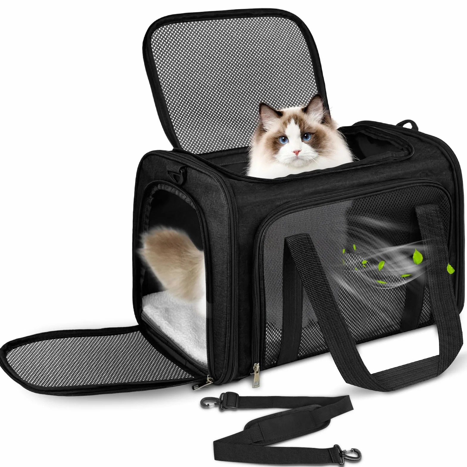 Sac de Transport Chat Chien avec Matelas Souple, Respirant et Pliable, 50x34x34cm Noir