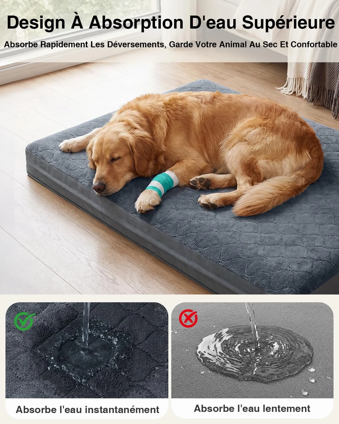 Panier Chien Taille Moyenne-88x55x7 Cm, Tapis Chien Imperméable, Une Face en Cuir Synthétique, Coussin Chien Orthopédique Double Face, Doublure Imperméable, Amovible et Lavable, Gris