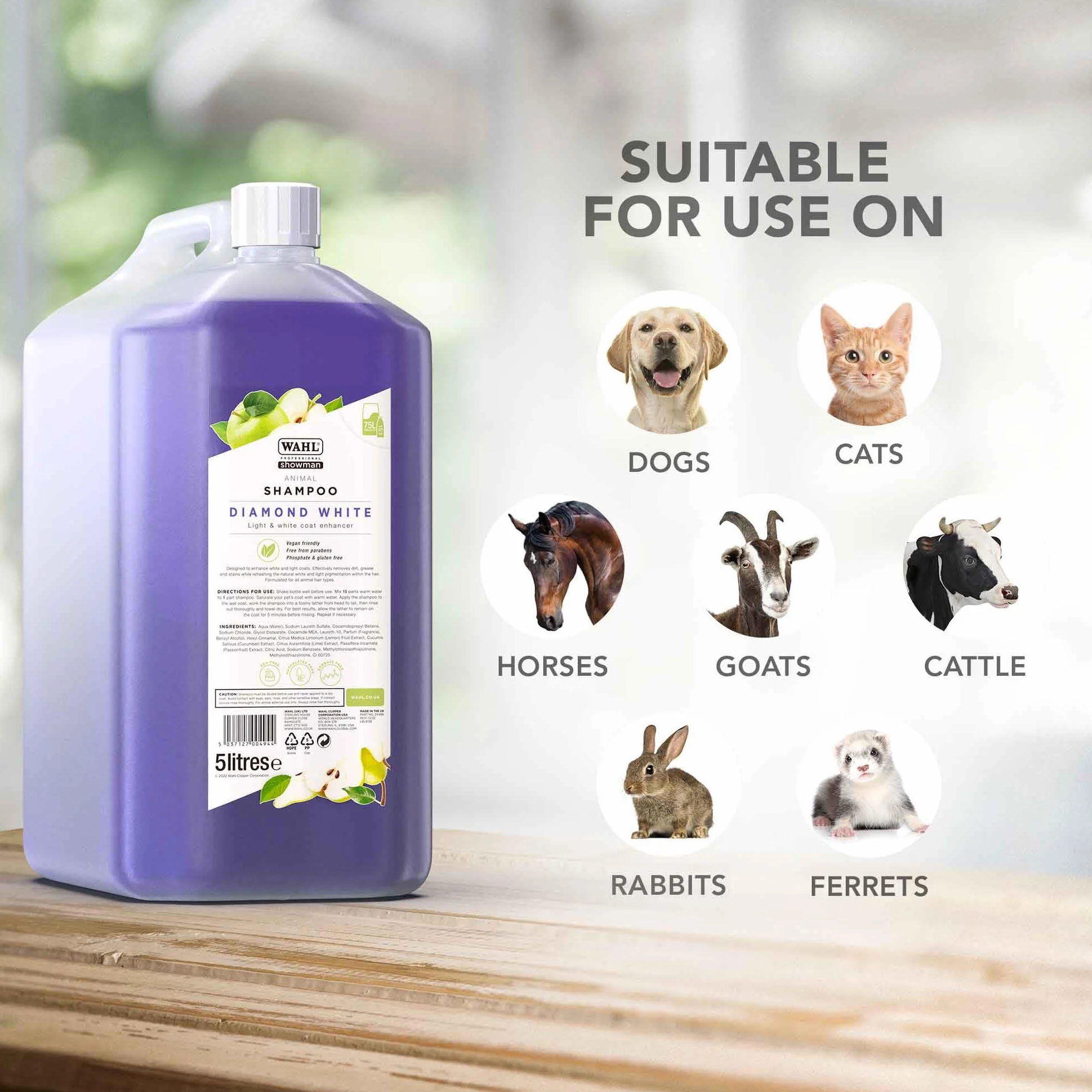 WAHL Diamond White Animal Shampoo 5 L éclaircissant concentré 15:1 végétalien sans parabènes