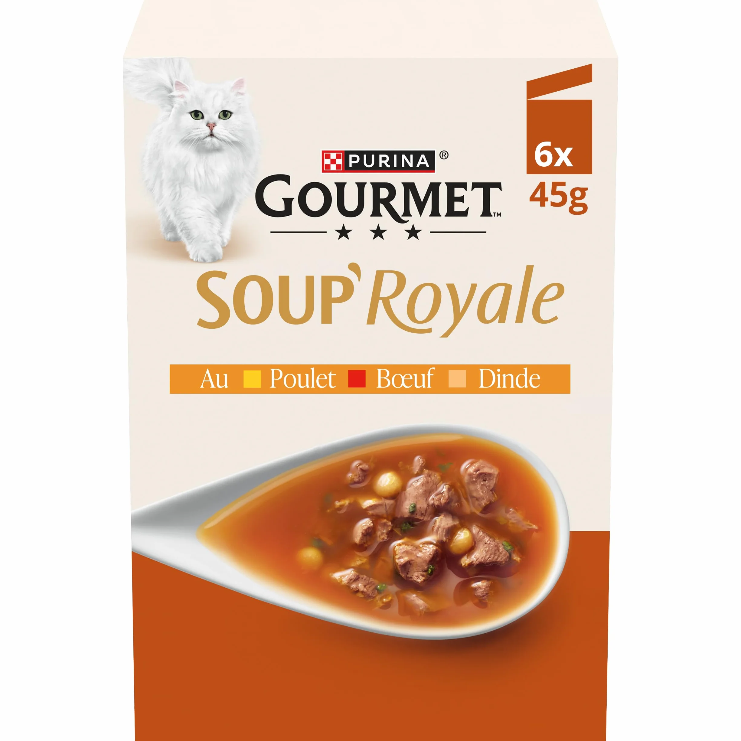 GOURMET | Soup Royale | Soupe Exquise à la Viande | Aliment Complémentaire Humide pour Chat Adulte| Elaboré avec des ingrédients de Haute Qualité | Poulet, Dinde, Bœuf | Sachets Fraîcheur | 6 x 45g