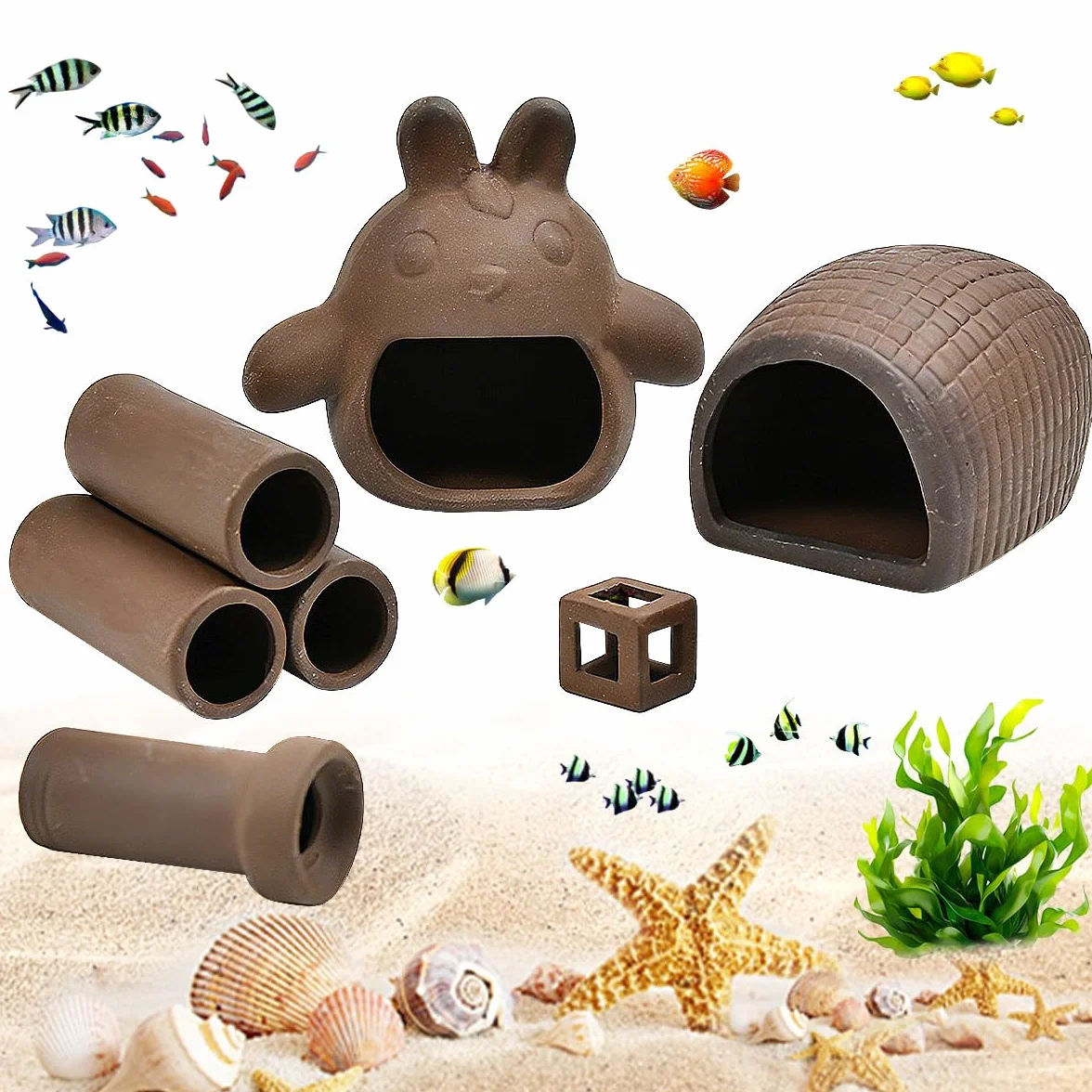 Caches Et Grotte Aquarium en Argile Violette Décoration Poisson-Chat Abri Céramique Forme Torii Rouleau Terre Cube Cachette