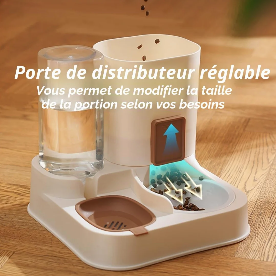 Distributeur de Nourriture Automatique 2 en 1 pour Chiens Chats, avec Bac Eau et Rabat Réglable