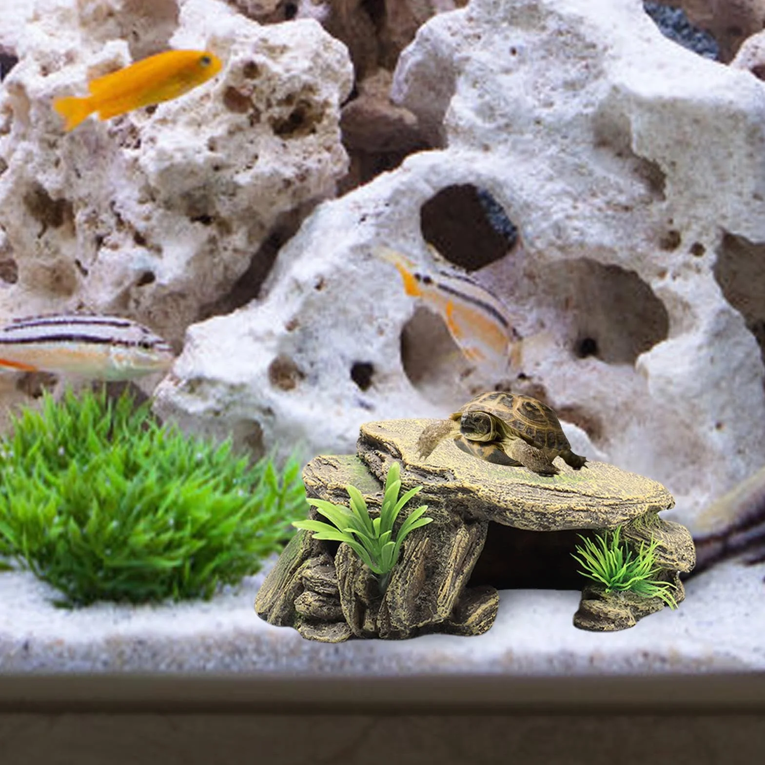 Habitat pour tortues - Grande grotte pour reptiles, rocher décoratif en résine, plateforme de repos pour amphibiens