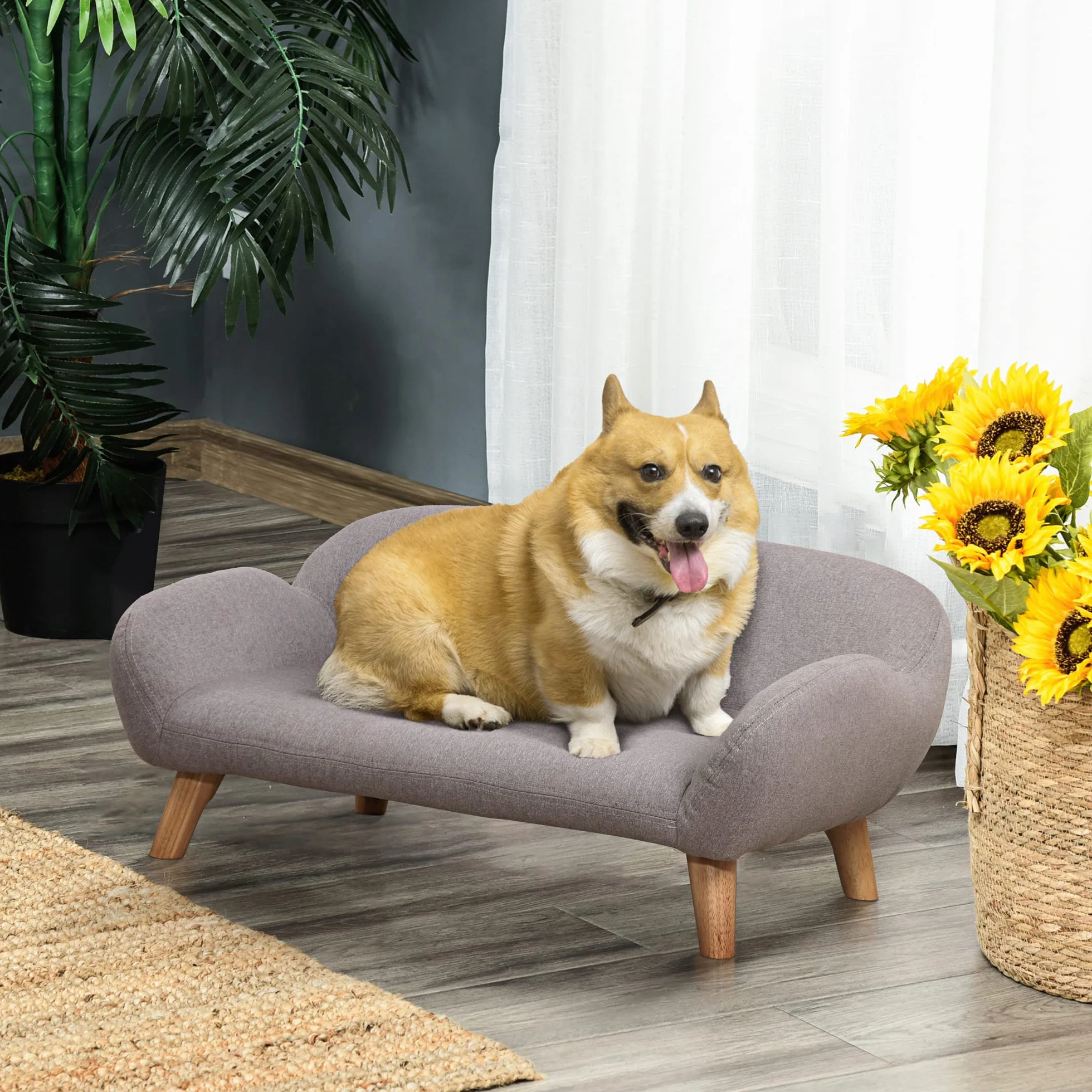 PawHut Canapé pour Chien Style scandinave Pieds en Bois Tissu 72 x 44 x 31 cm Gris