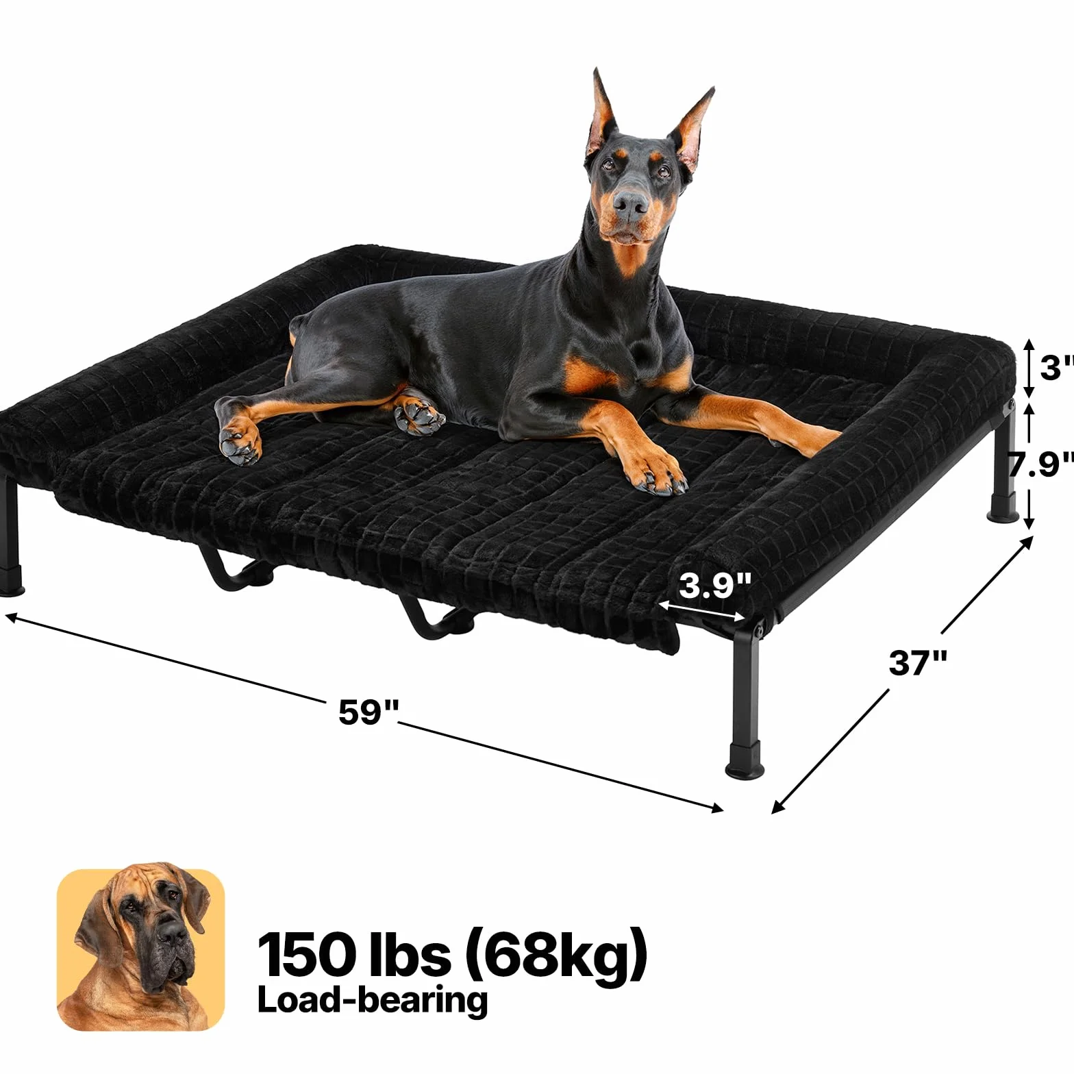 Veehoo Lit Chien Sureleve XXL Dehoussable Lavable, Moelleux Transat Chien avec Coussin Amovible, Lit Ccanapés Surélevé pour Chiens avec Pieds Antidérapants, Noir 150 x 94 x 20 cm
