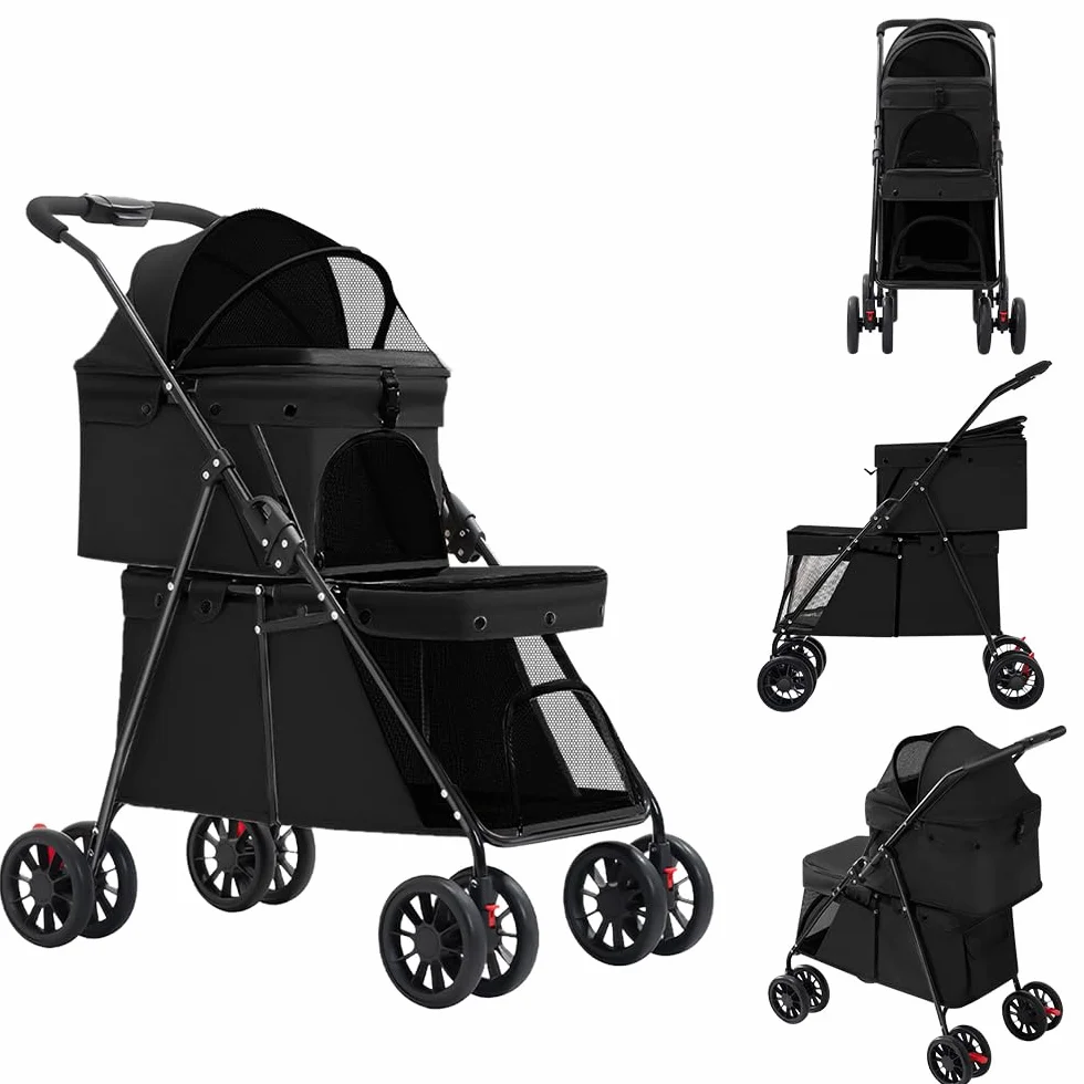 Poussette Double Couche pour Chien Chat Animaux Voyage, Pliable 4 Roues Chariot Landau Jogger Buggy 67x50x95cm Noir