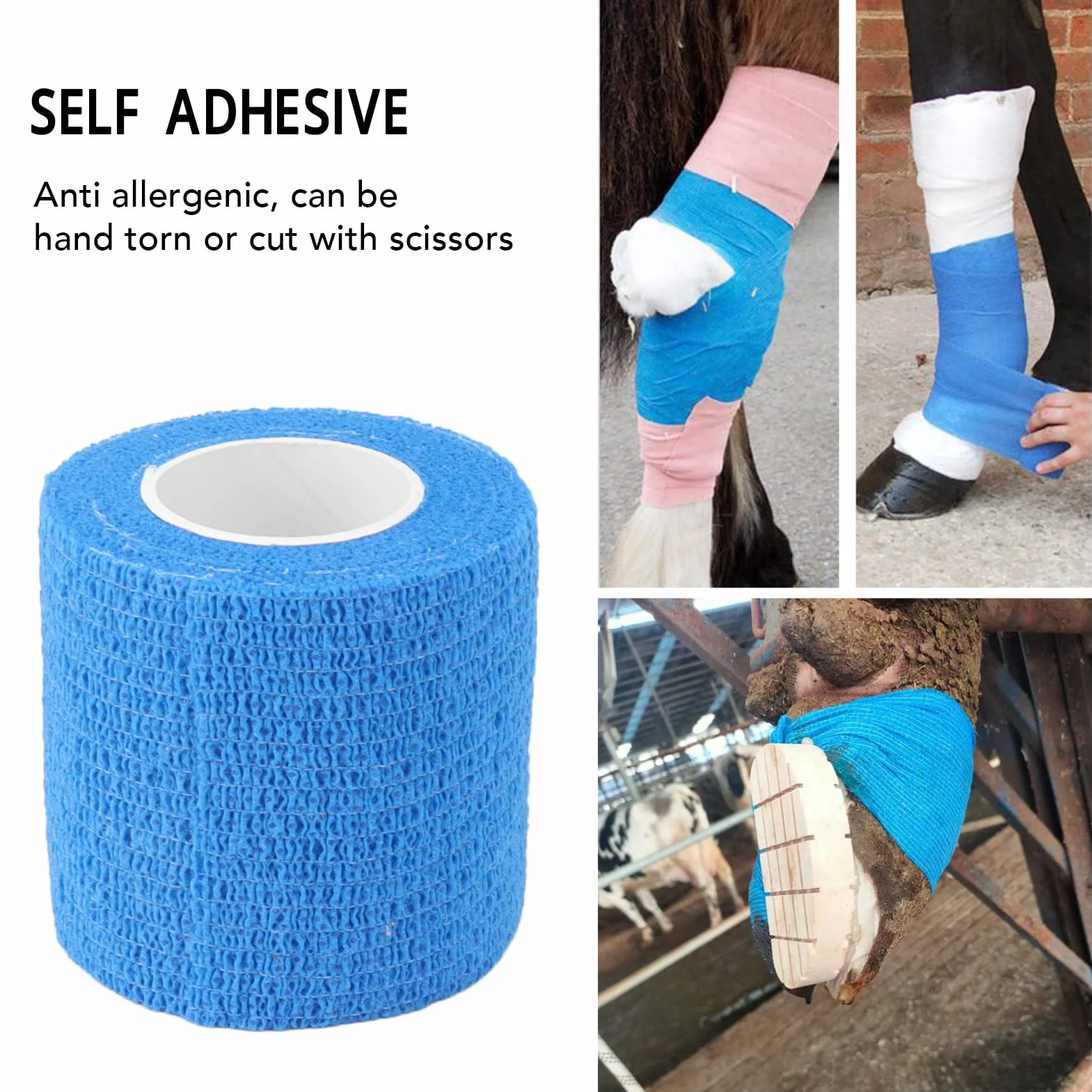 Lot de 12 Bandes élastiques Auto-adhésives imperméables pour réparation de Sabots pour Vaches, Chevaux, Chiens, Chats, Polyester Non tissé, Longueur 4,5 m, Lot de 12 (Bleue)
