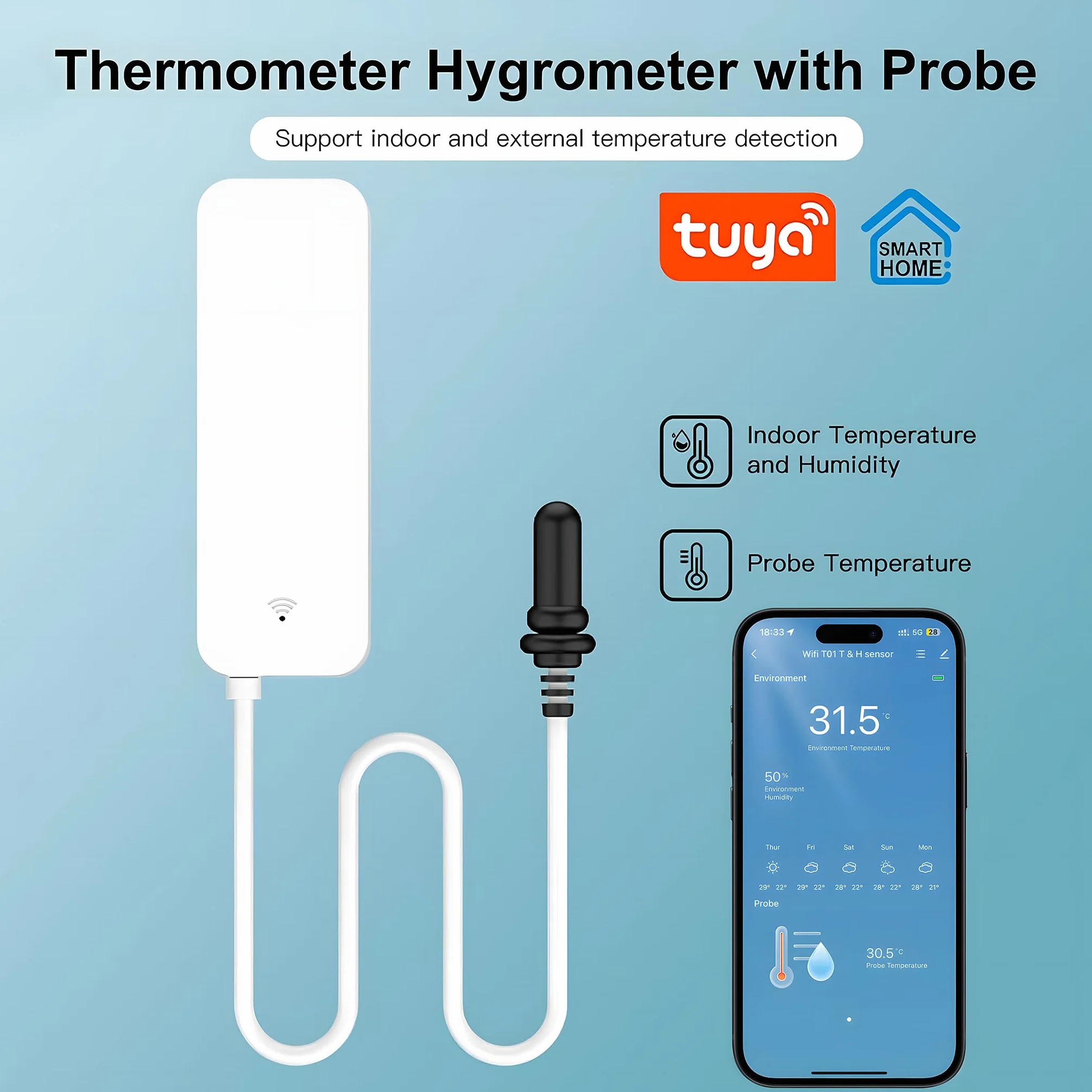 WiFi - Hygromètre Thermomètre - Capteur, Wlan Capteur de Température et d'Humidité avec Capteur Externe pour Réfrigérateur Congélateur Reptiles Animaux de Compagnie Salon (1 Pièce)