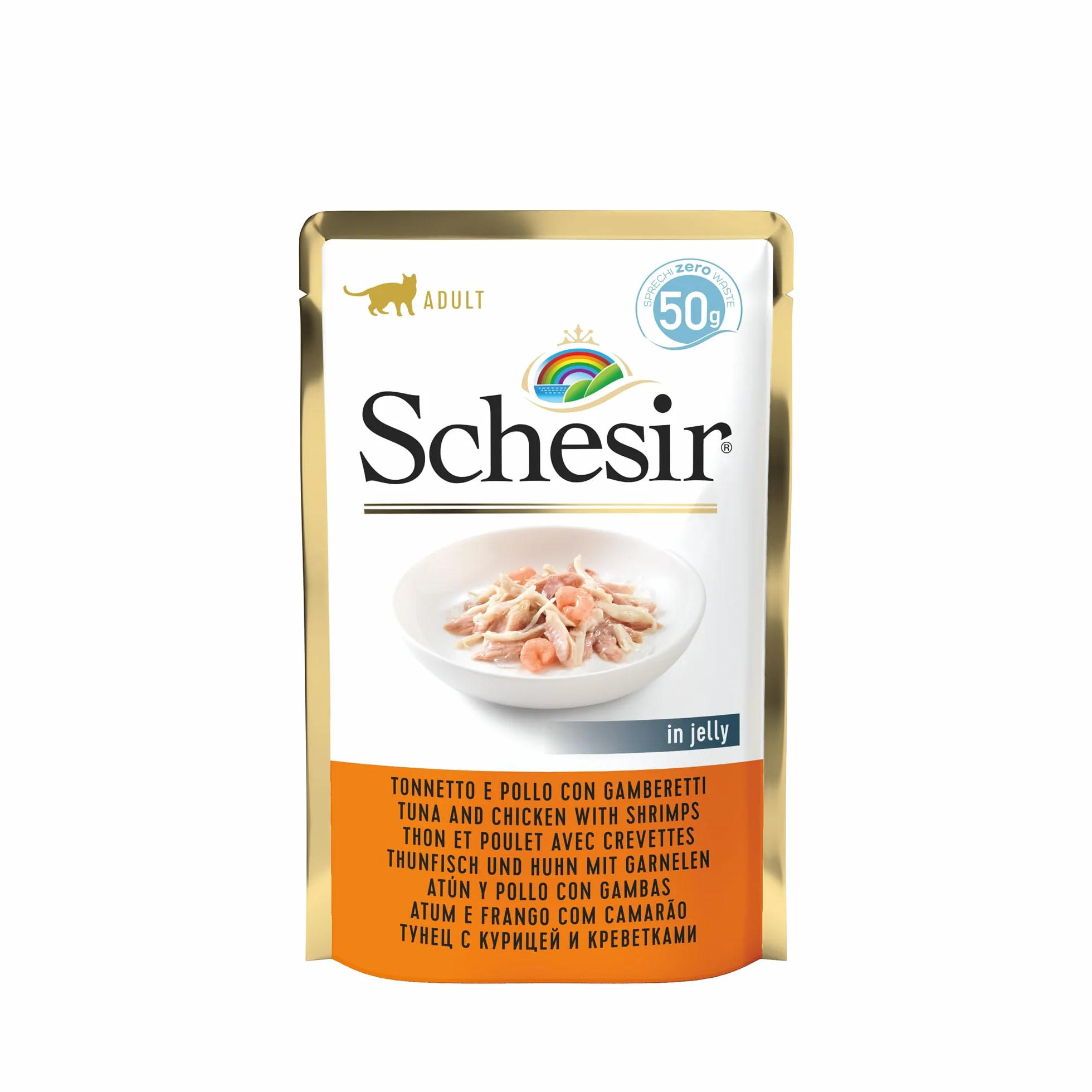 Schesir Cat Jelly Thon et Poulet avec crevettes, Nourriture pour Chat Humide 30 sachets x 50 g