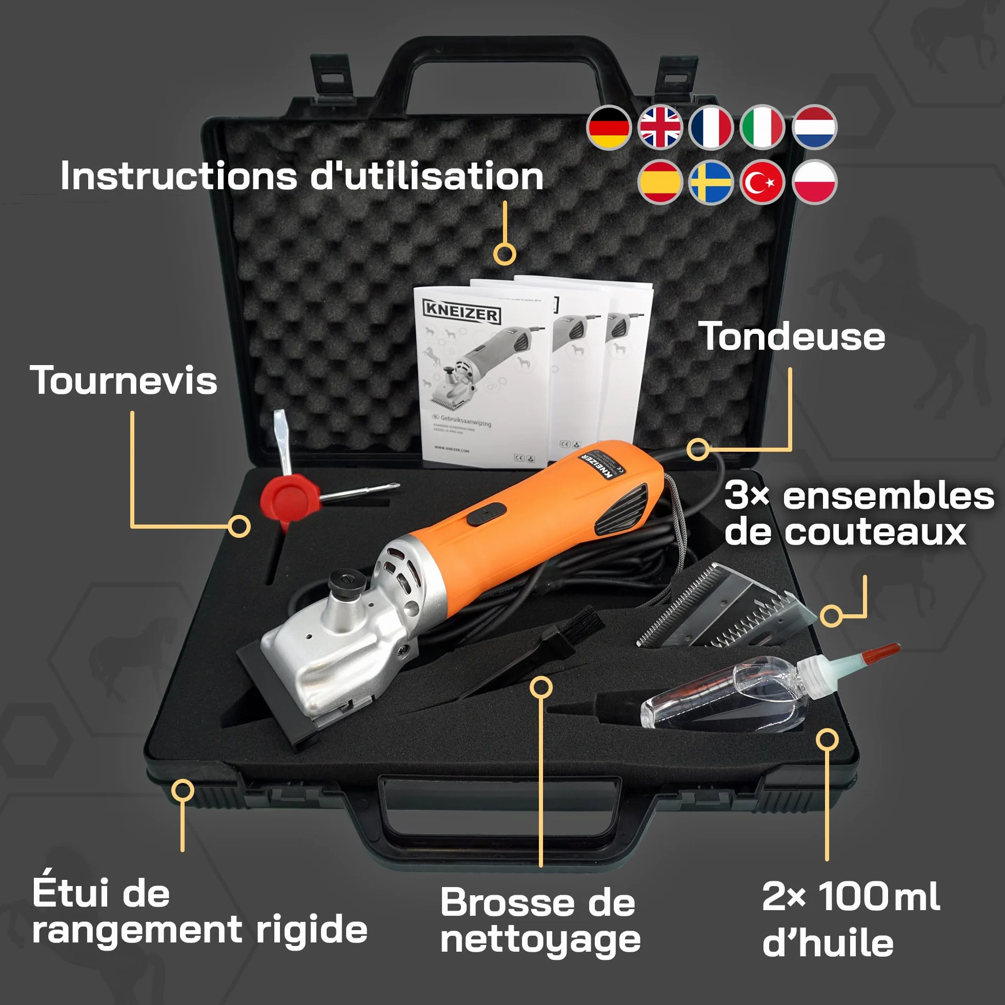 Tondeuse Cheval KNEIZER Kit Complet Lames Interchangeables Silencieuse Faible Vibration