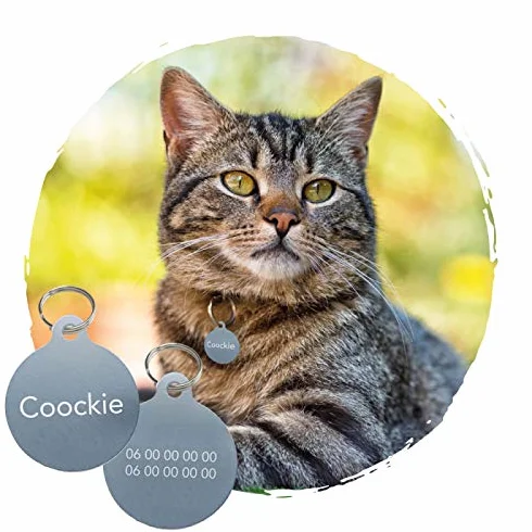 Adzif.biz Le sticker de decoration - Medaille Chat Avec Gravure Personnalisé ROND - Médaillon Chat En Aluminium diamètre 25 mm - Coloris Argent