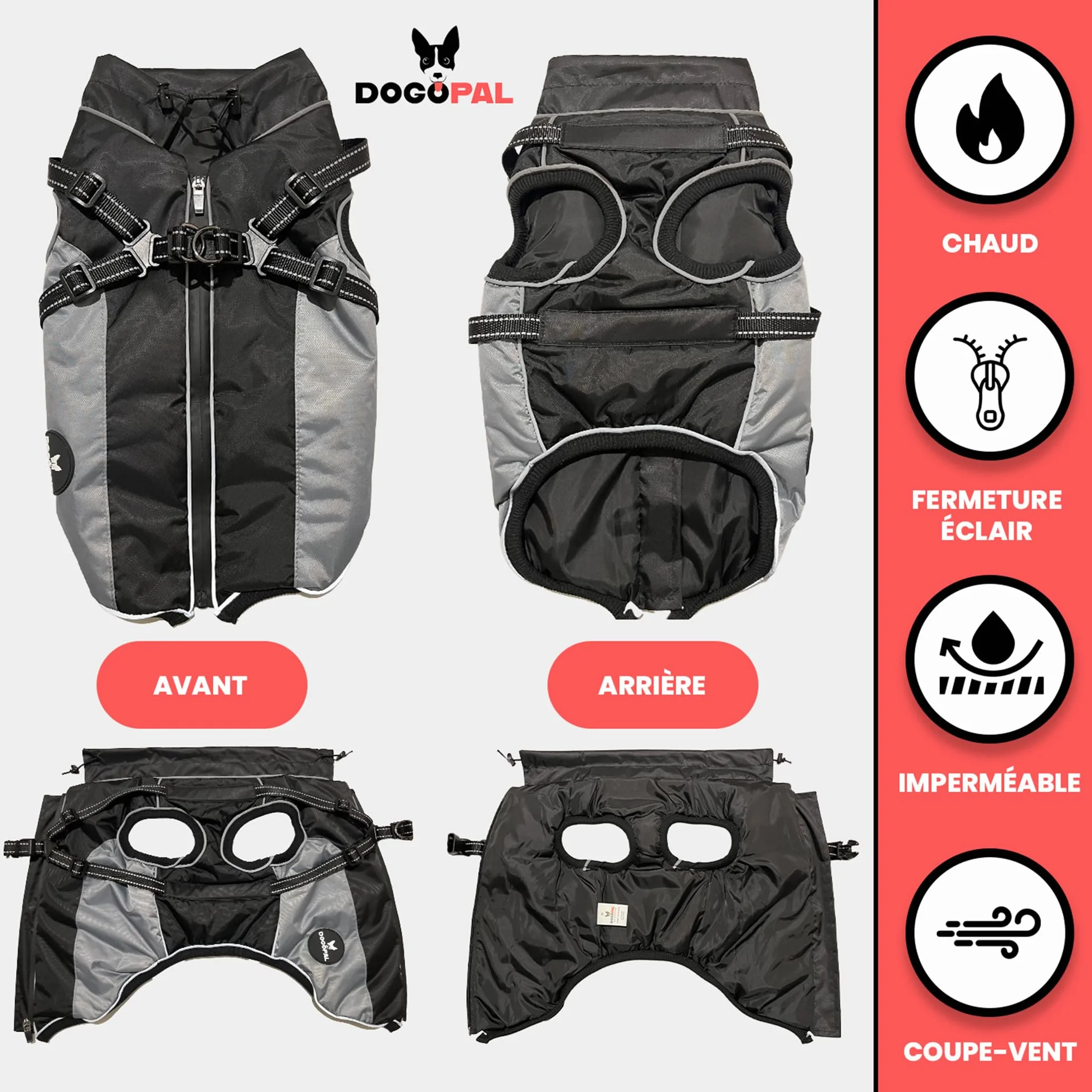 DOGOPAL Manteau Imperméable pour Chien avec Harnais Intégré – Veste de Pluie Réfléchissante, Coupe-Vent et Chaude pour Chien, Veste de Protection pour Petits, Moyens et Grands Chiens (Gris, 45)