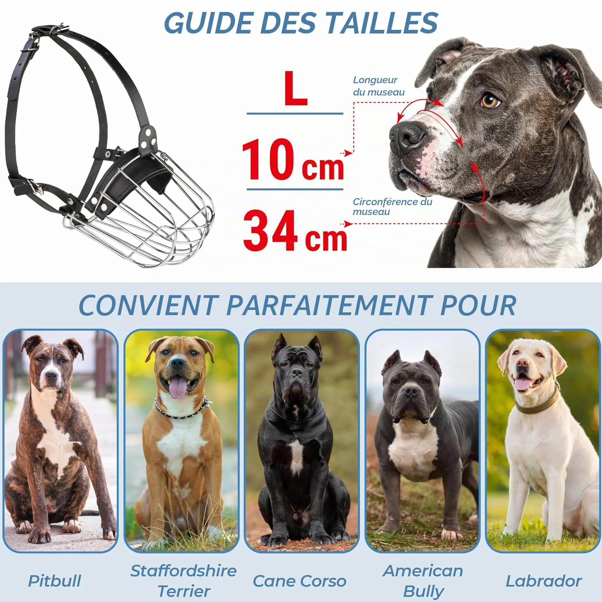 Muselière en métal pour Pitbull de grande taille – Muselière panier pour chiens avec sangles en cuir réglables – Muselière en cage en acier pour chiens pour éviter les morsures