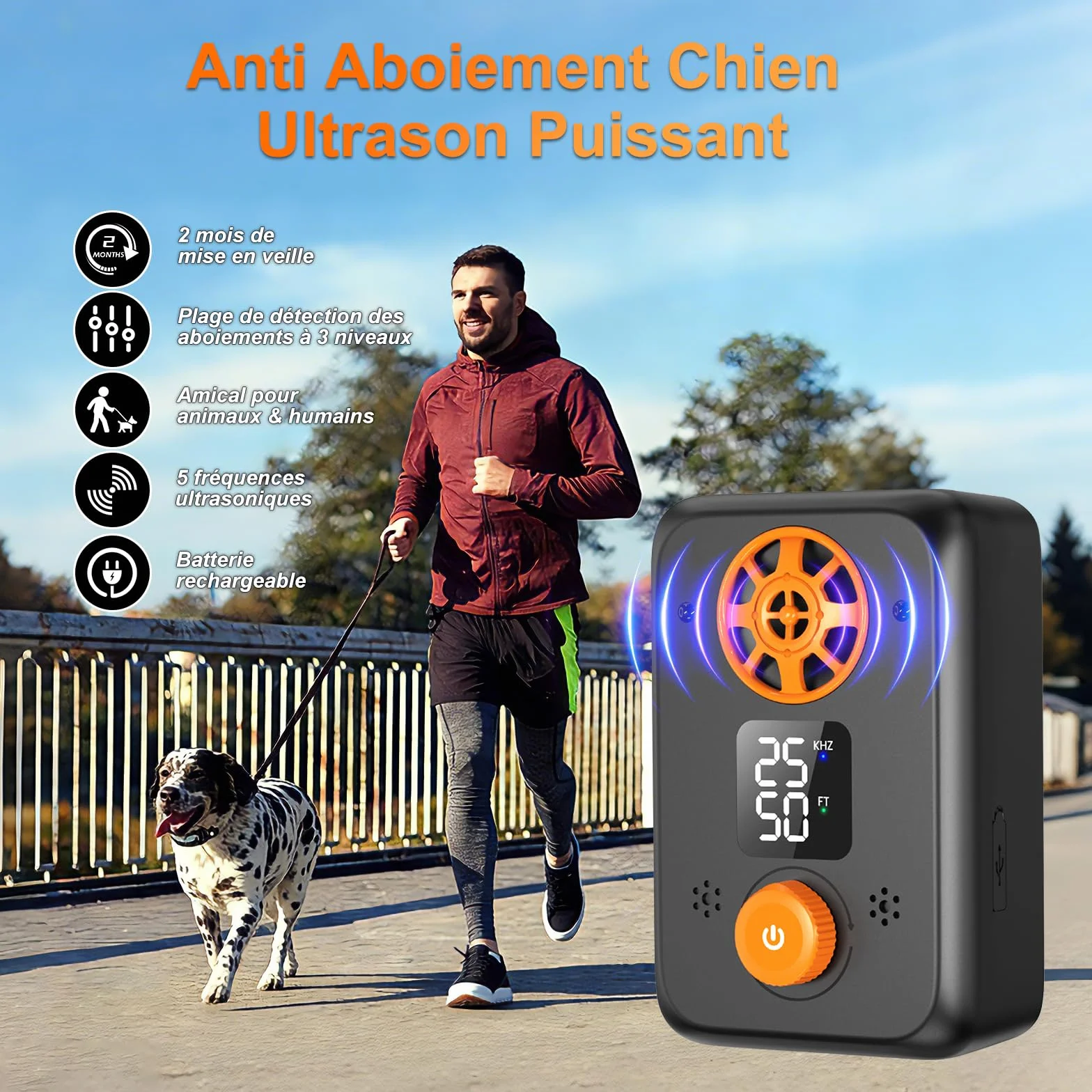 Appareil Anti-Aboiement Ultrasonique Chien 5 Fréquences Ajustables 3 Portées Intérieur/Extérieur