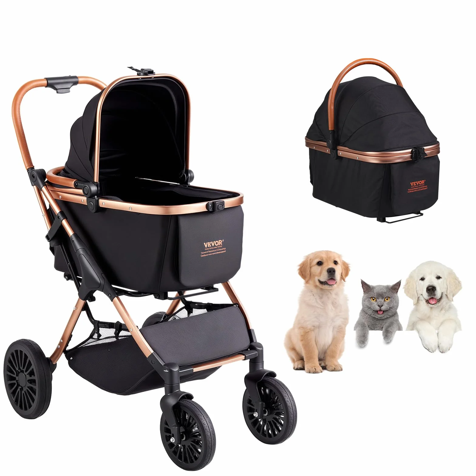 VEVOR Poussette pour Chien 4 Roues Pivotantes avec Freins 30 kg Noir