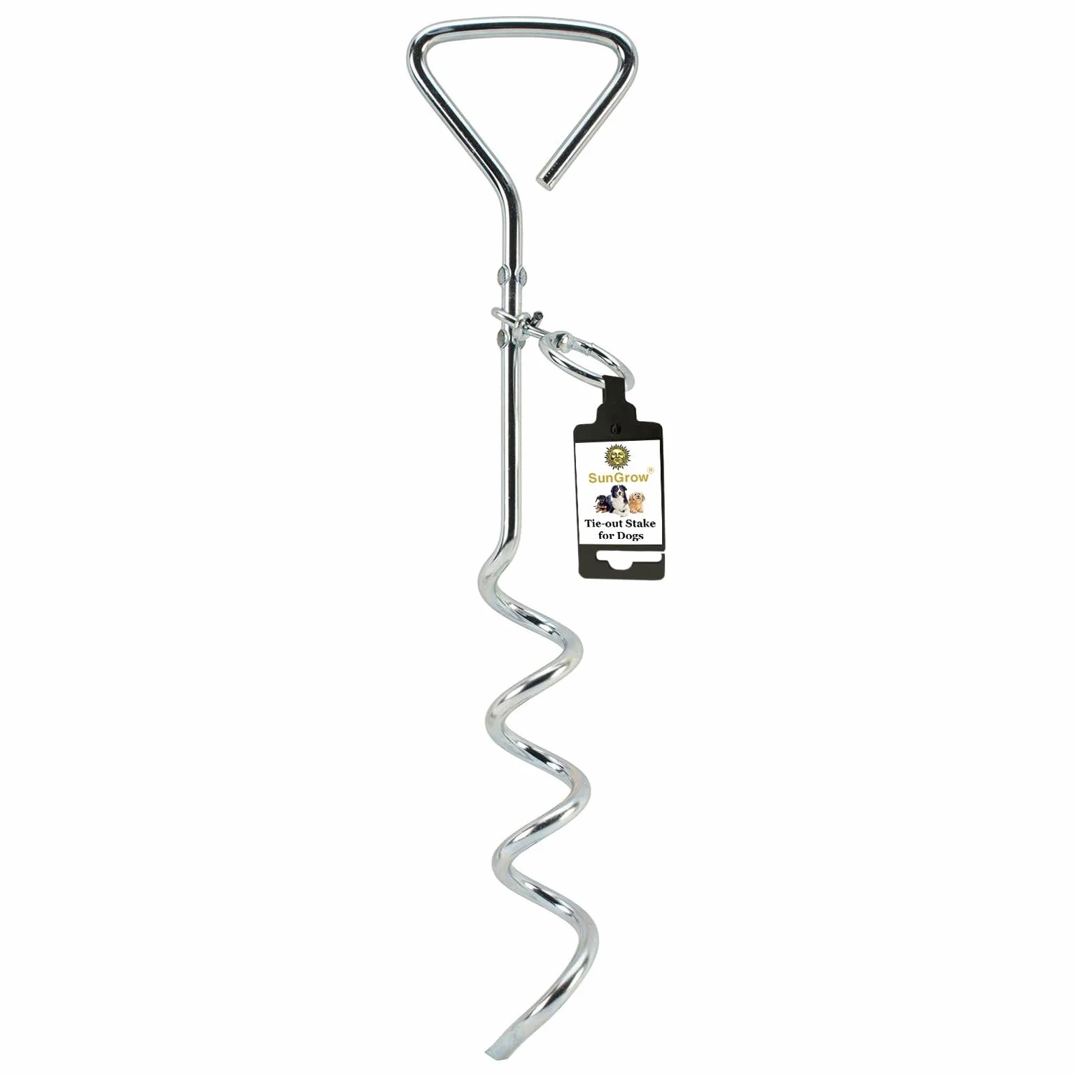 SunGrow Galvanisé Tie Out Leash Stake Anneau Rotatif à 360 degrés, 16,4 x 3,2 Pouces, Conception de Foret en Spirale, Facile à Utiliser et Pratique pour Sortir, Convient aux Chiens jusqu'à 80 Livres