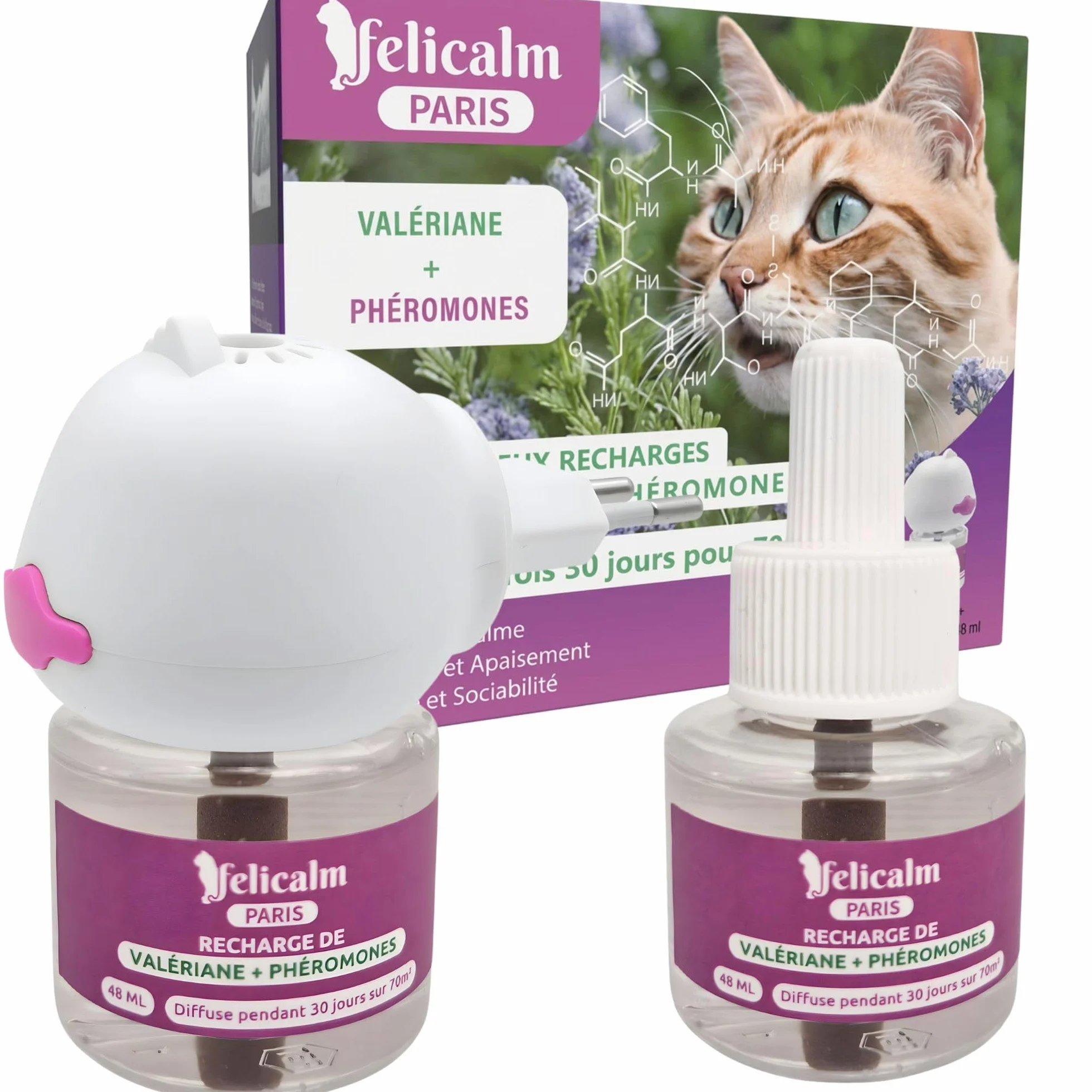 Diffuseur Chat Valériane Phéromones sans Odeur Double Action Apaisante 2 Recharges 60 J
