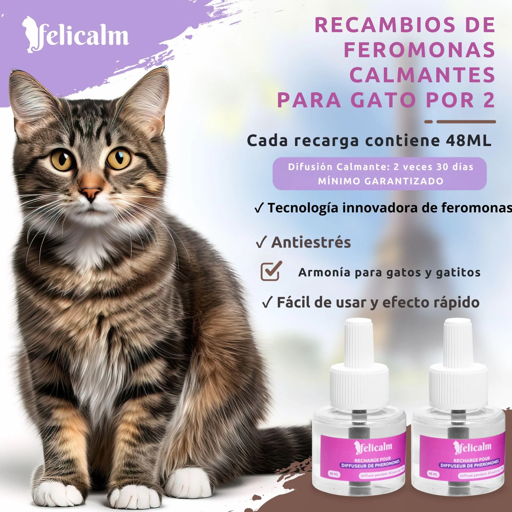 PHEROMONE pour Chat et Chaton 2 Recharges 48 ML Anti Stress CALMANT
