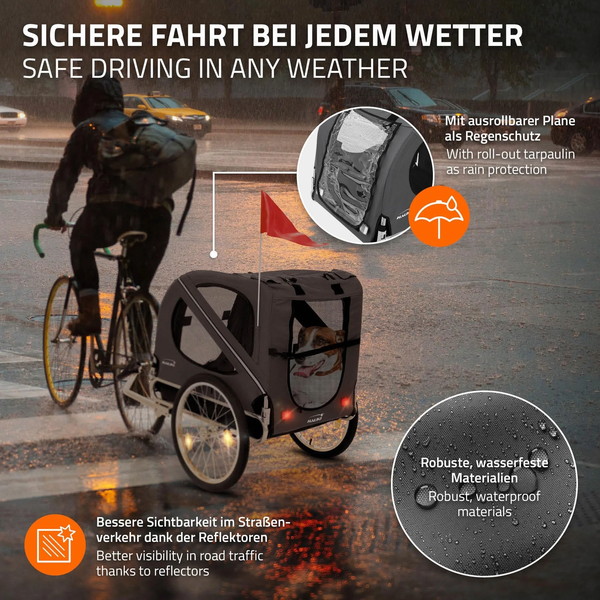 Hauki Remorque 2in1 de Vélo et Poussette de Chien, Pliable, Gris, en Acier/Tissu Oxford, 130x72x90 cm, Chariot avec Réflecteurs Laisse et Drapeau, Charge Max. 40 kg, Transport d'animaux de Compagnie