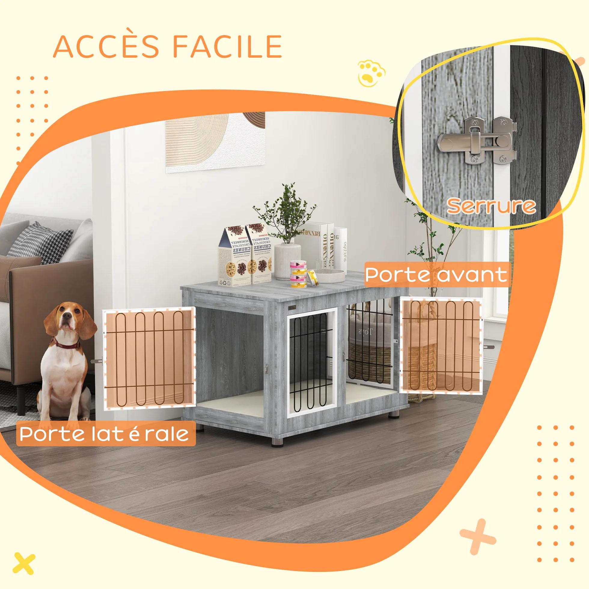 PawHut Cage pour Chien Meuble Table d'appoint Double Porte Coussin Niche Chien Moyenne Grande Taille 90 x 58 x 65 cm Gris