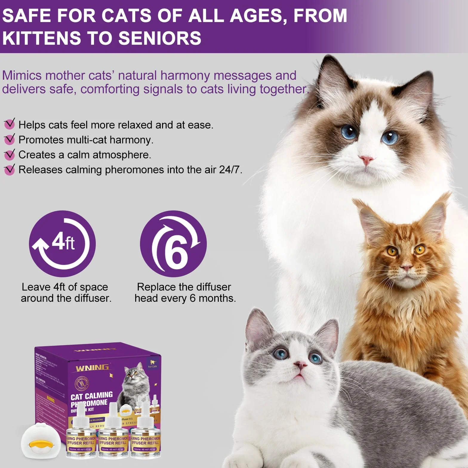 Diffuseur de Phéromones Apaisantes pour Chats + Recharge 3x48 ml