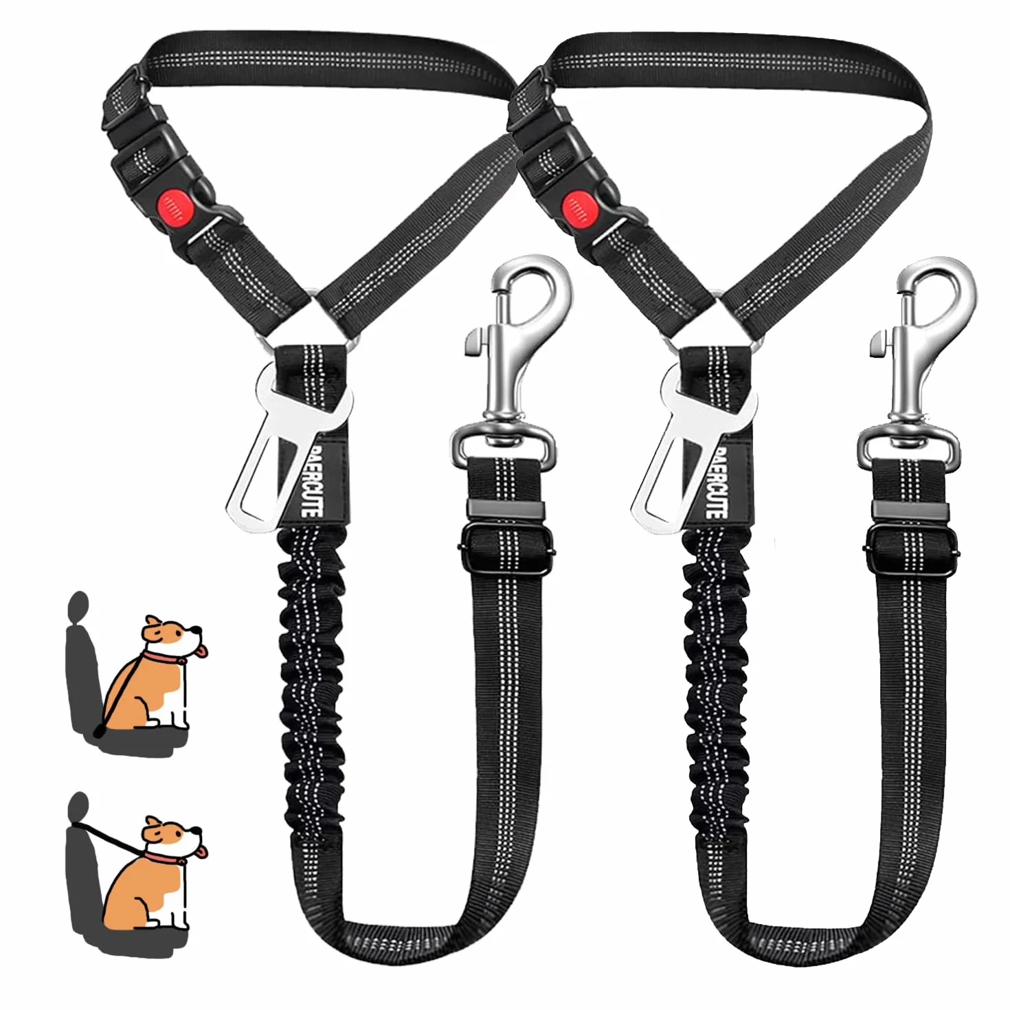 Lot de 2 ceintures de sécurité pour chien - Harnais de sécurité élastique réglable pour voiture - Laisse rembourrée élastique anti-chocs (noir)