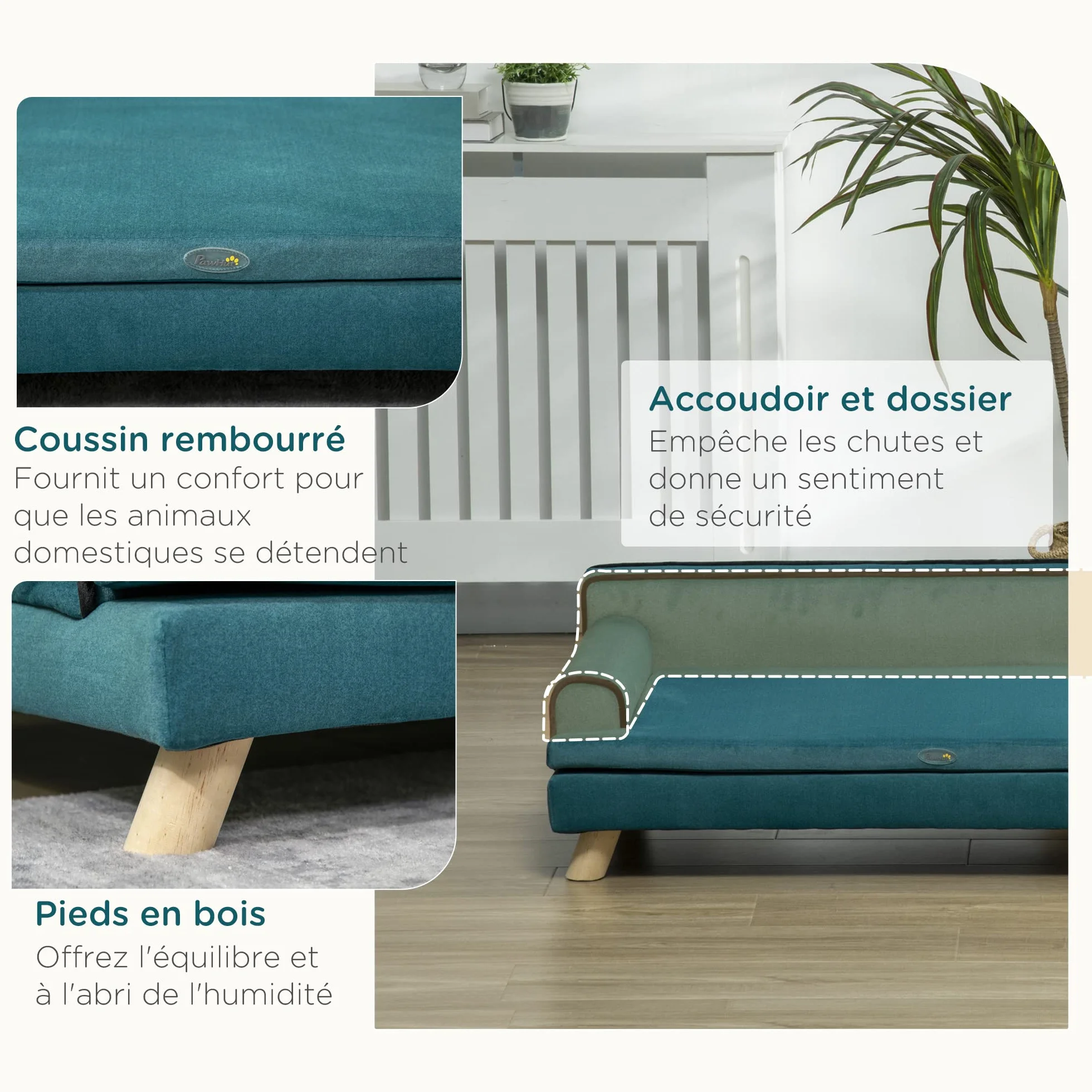 PawHut Canapé pour Chien Chat Design scandinave 100 x 62 x 32 cm Bleu Canard