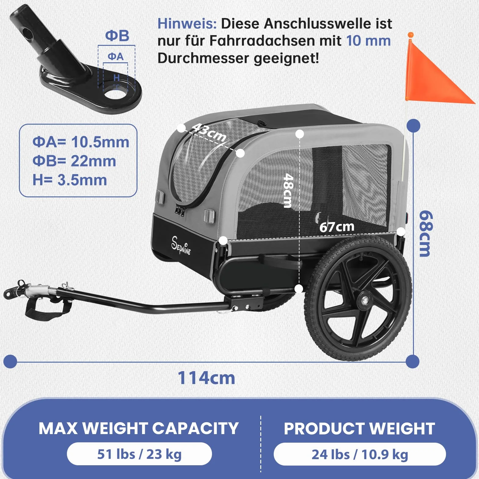 Remorque de vélo pour Chiens de Petite et Moyenne Taille, 23 kg, Pliable, avec Roues à dégagement Rapide, idéale pour Les randonnées à vélo et Les activités de Plein air