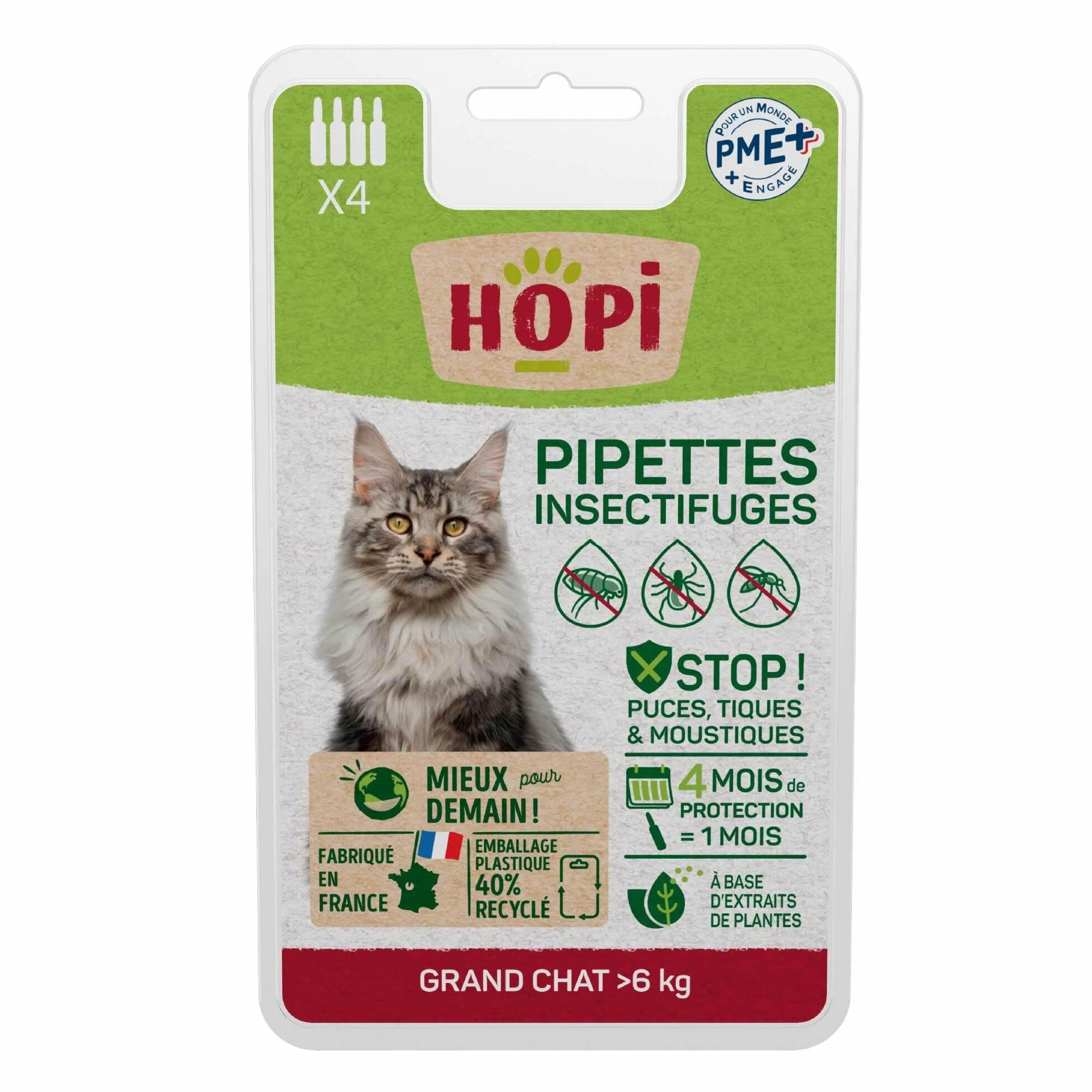HOPI Pipette Anti Puces Chat 6 kg - 4 Mois Protection Puces Tiques Moustiques - Extraits de Plantes - Fabriqué en France