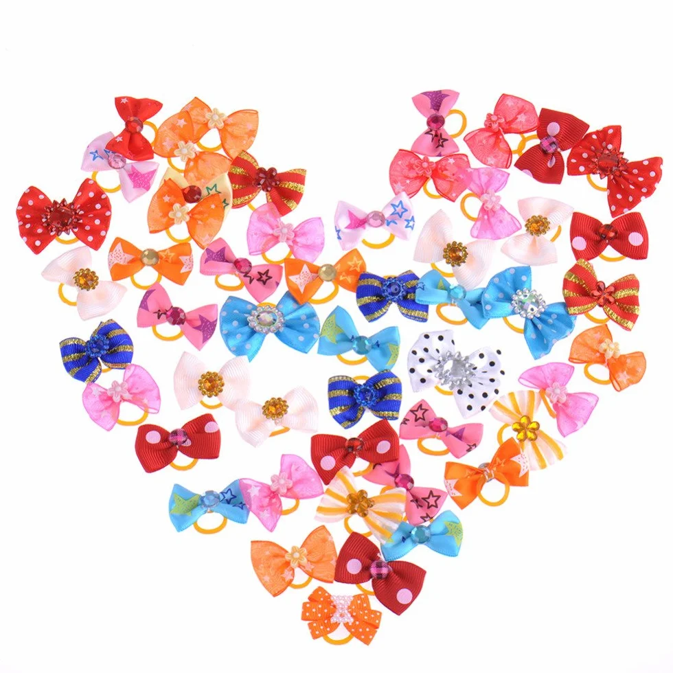 Lot de 50 nœuds en poils d'animaux avec bande en caoutchouc pour petits chiens Yorkshire, couleurs assorties