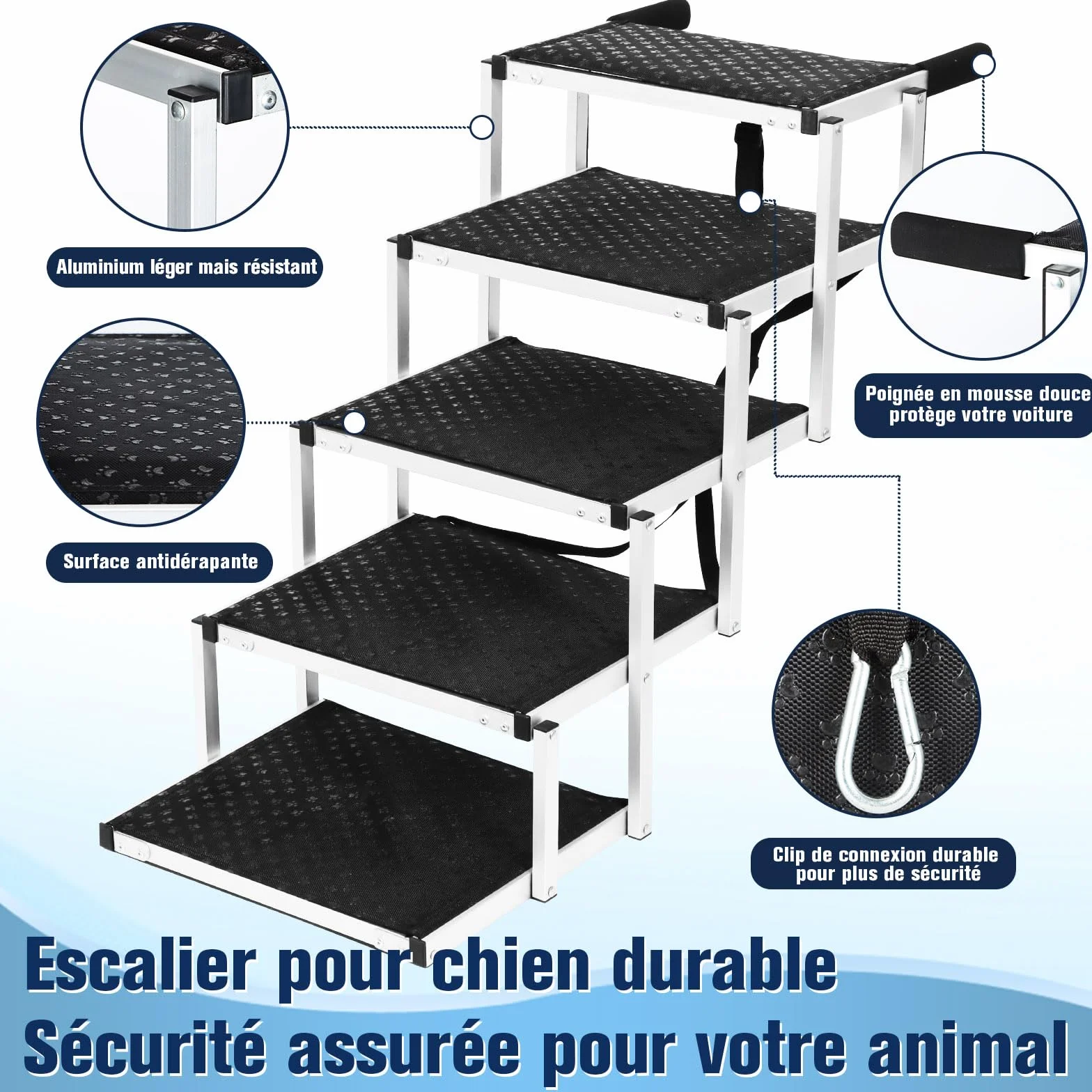 Escalier de Voiture Pliable pour Grands Chiens, Rampe d'escalier pour Chien avec Surface Antidérapante，Rampes Légères pour Chien pour Voiture et SUV pour Chiens Jusqu'à 80kg
