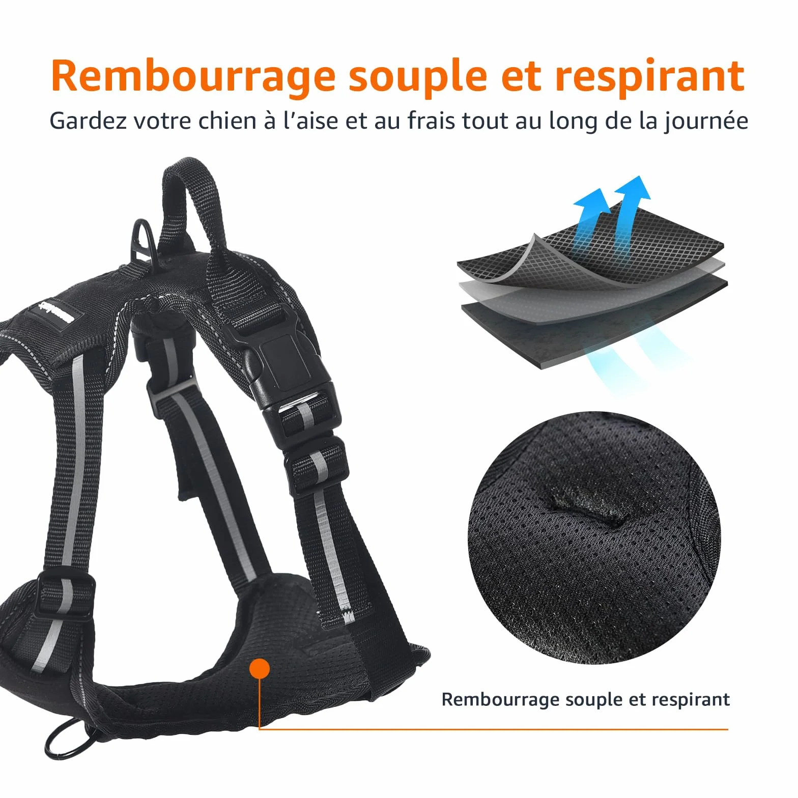 Amazon Basics Harnais pour chien sans traction réglable rembourré bandes réfléchissantes Noir Taille M