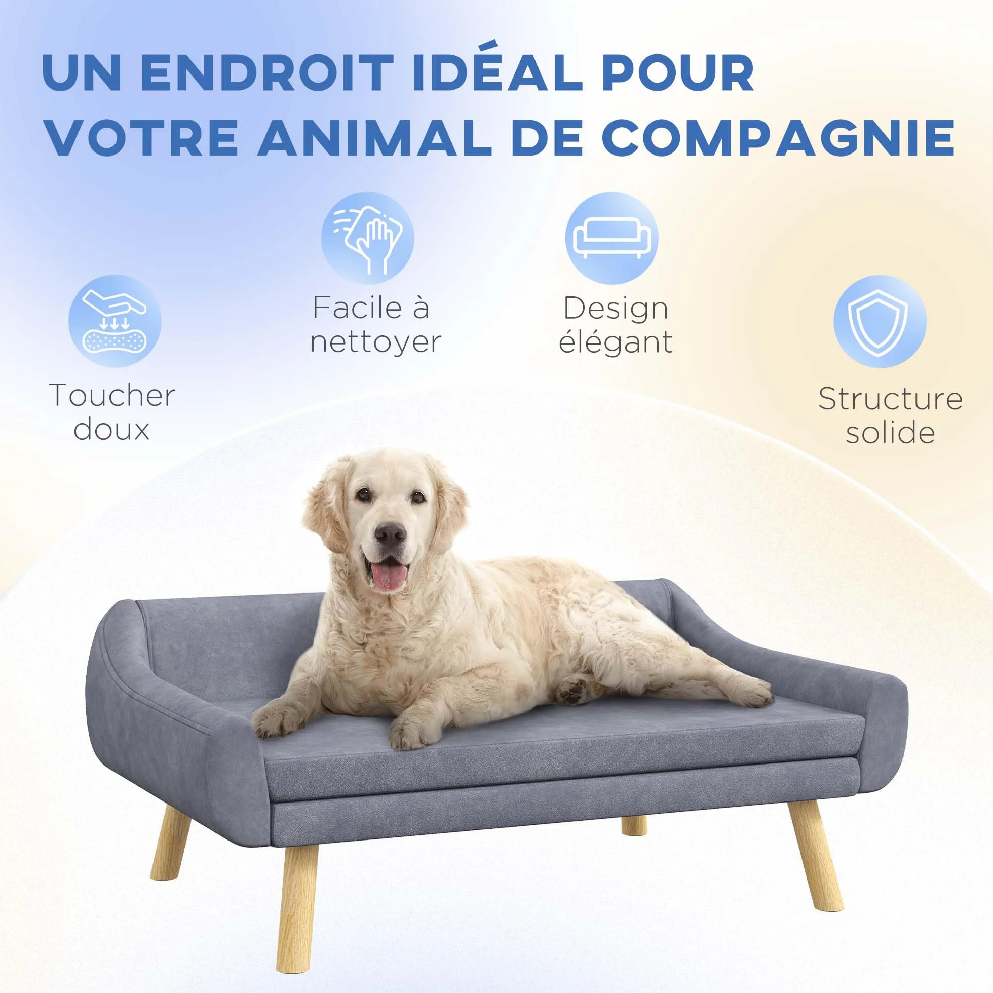 PawHut Canapé pour Chien Chat Design scandinave Coussin Moelleux Amovible Tissu Aspect Velours 102x58.5x42.5 cm Gris