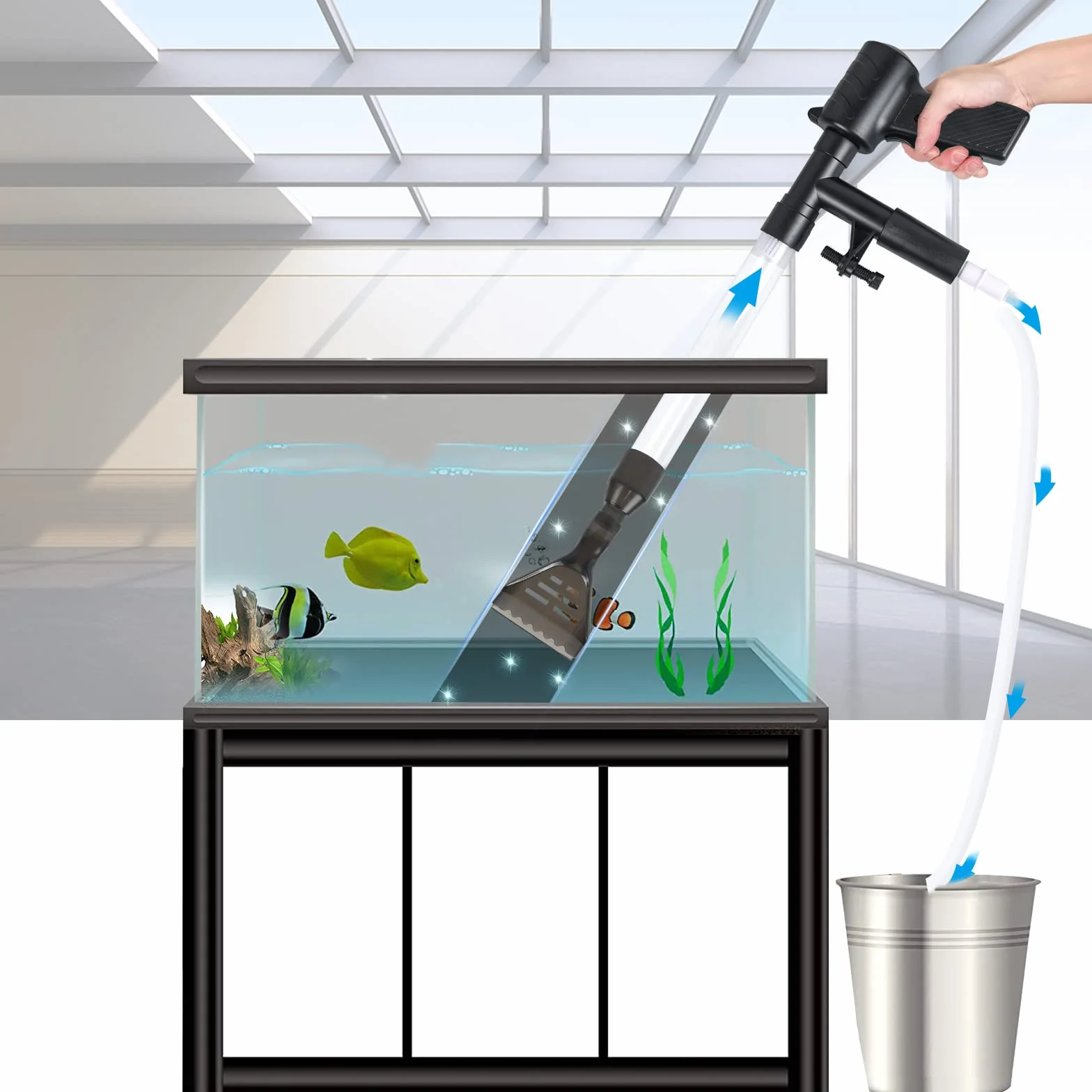 Aspirateur de Boues d'Aquarium, 5 in 1 Kit de Nettoyage de Gravier d'Aquarium, Nettoyeur de Gravier Changement d'eau Filtre Rapide Aquarium Changeur l'eau avec Bouton Pression d'air Grattoir en Verre