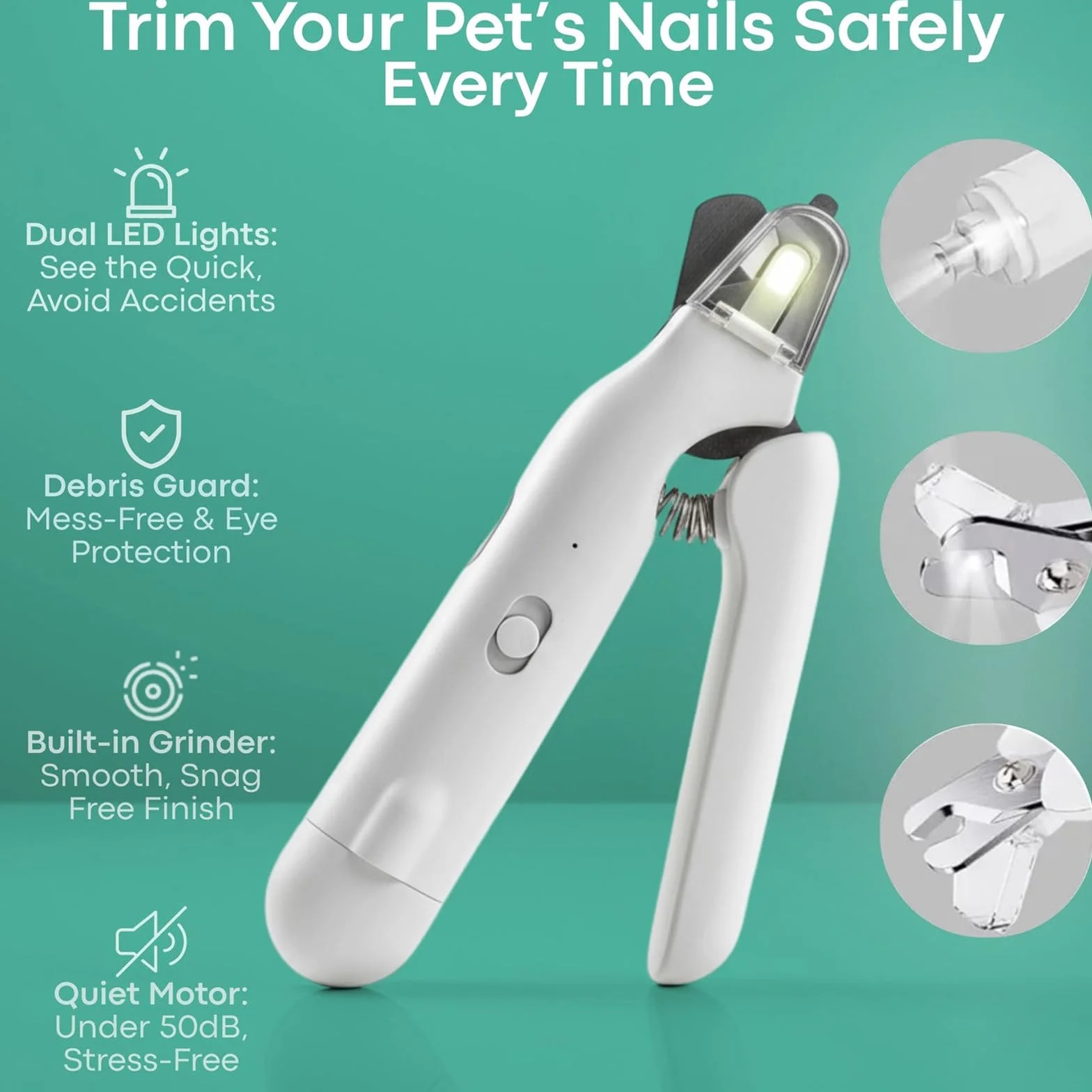 Safetrim Dog Nail Cutter with Safety Guard, Pet Claw Clippers with Light, Built-In Grinder (White)