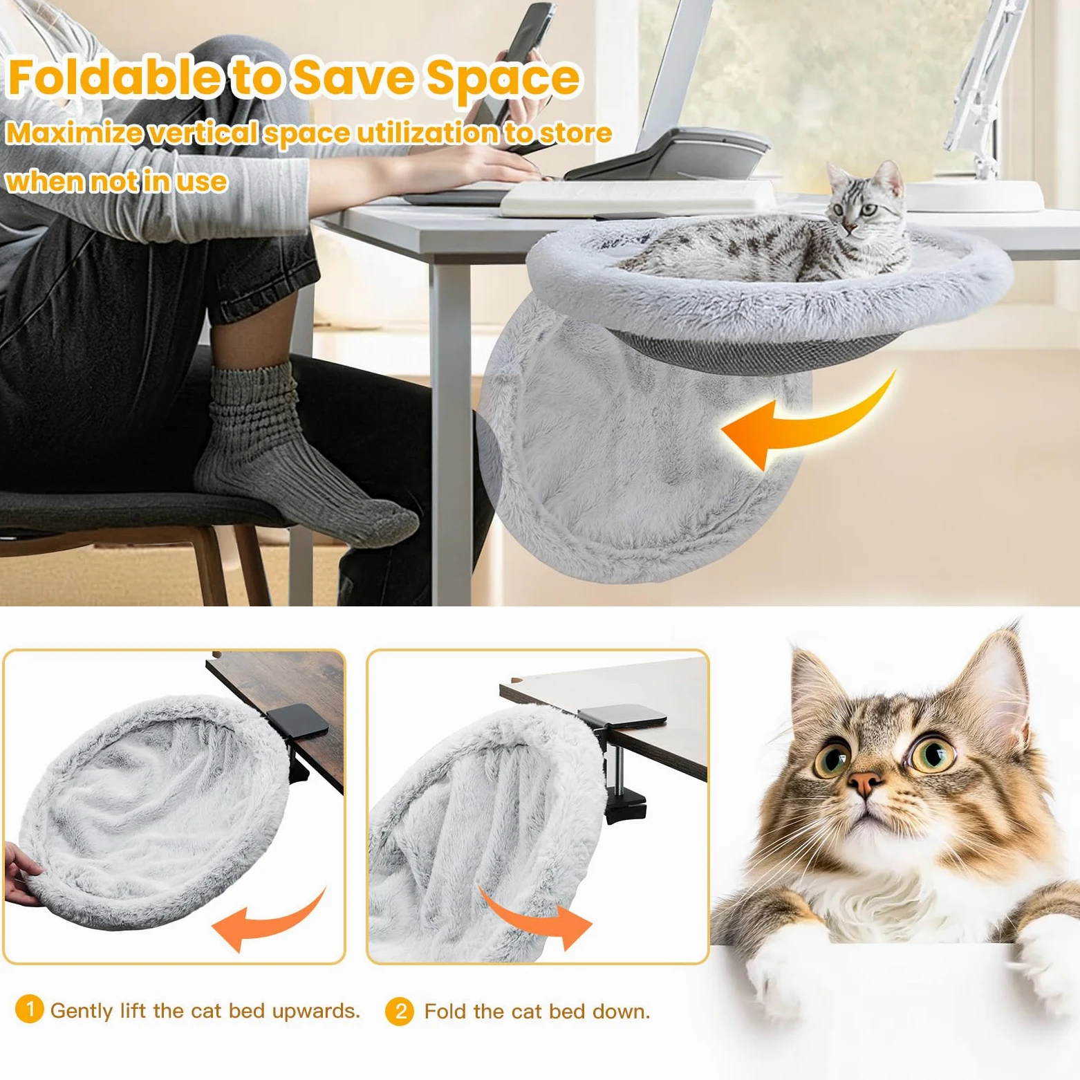 Pawaboo Lit De Bureau pour Chat, Lit D'Appoint Pliable en Un Clic | Hamac pour Chat avec Pince en Acier Pouvant Supporter Jusqu'à 18 Kg, Lits Suspendu Réversible pour Chats avec Peluche