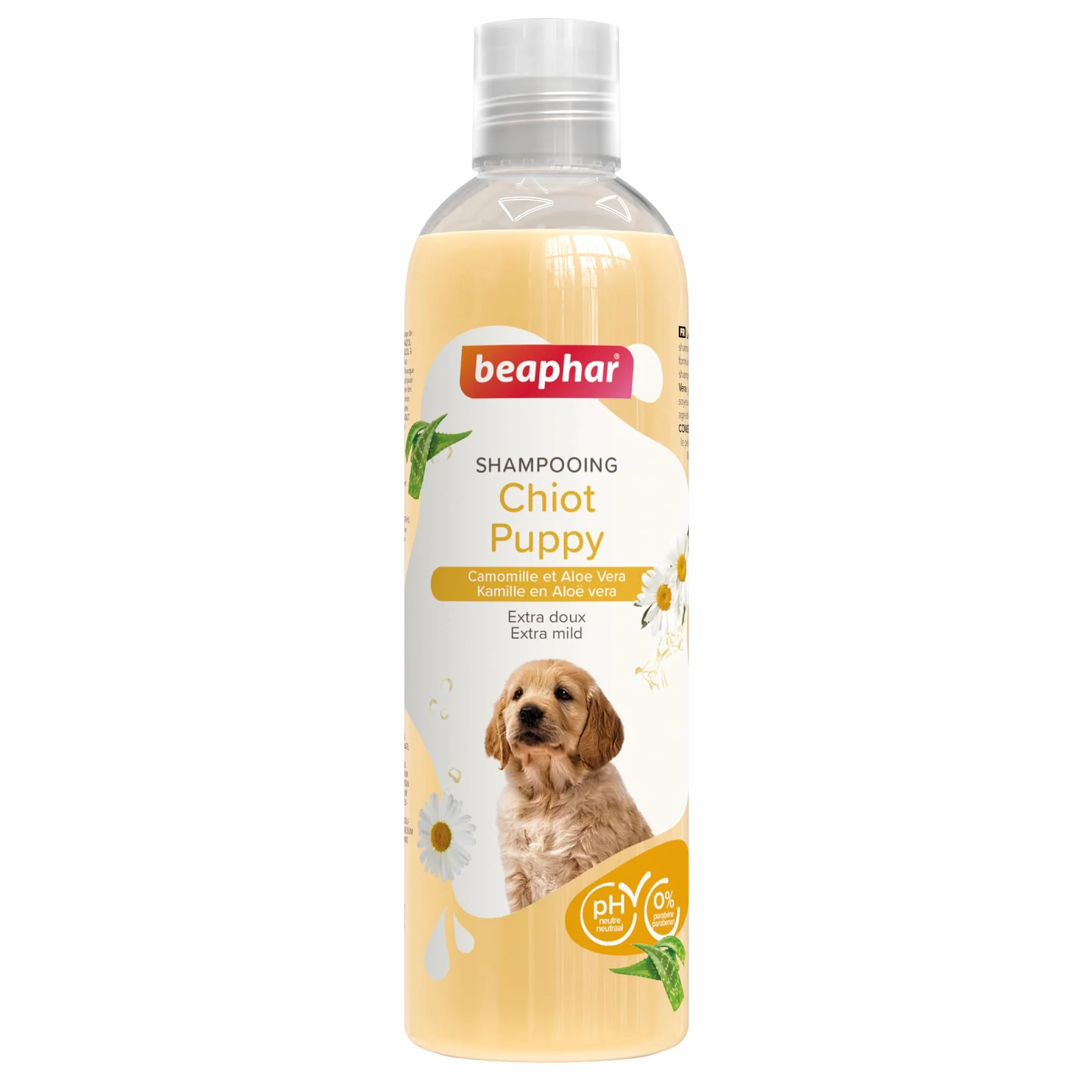 BEAPHAR – Shampooing Essentiel pour Chiot – Extra-Doux – Poil Doux – Contient de la Camomille et de l'Aloe Vera – sans parabène ni Silicone – pH Neutre – Produit Vegan – Prêt à l'emploi – 250 ML
