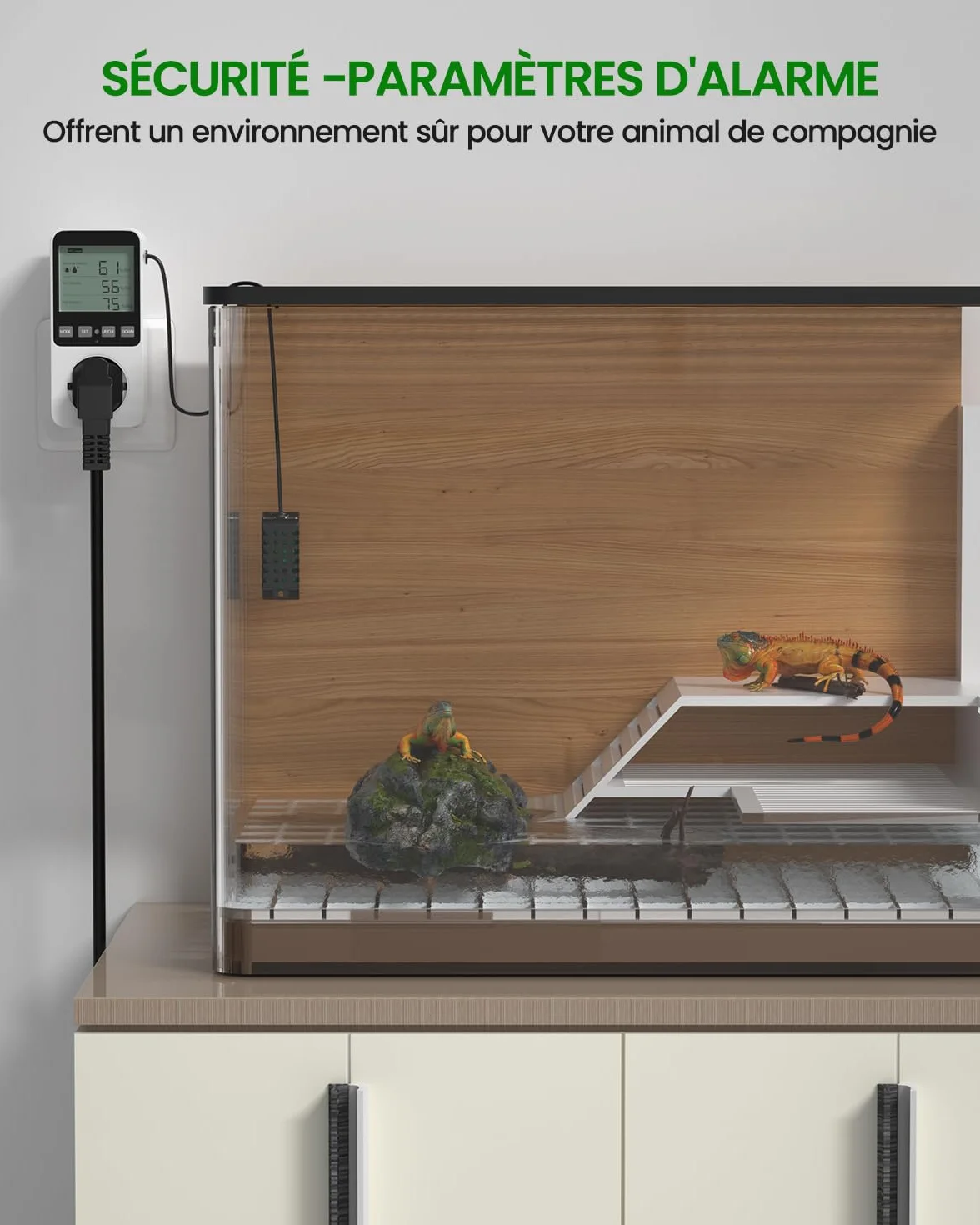 Prise Thermostat Hygrostat Numérique, Contrôleur de Température et d'humidité Prise avec Sonde, Alarme Régulateur Humidité Prise pour Terrarium Reptile Couveuse Incubateur Serre
