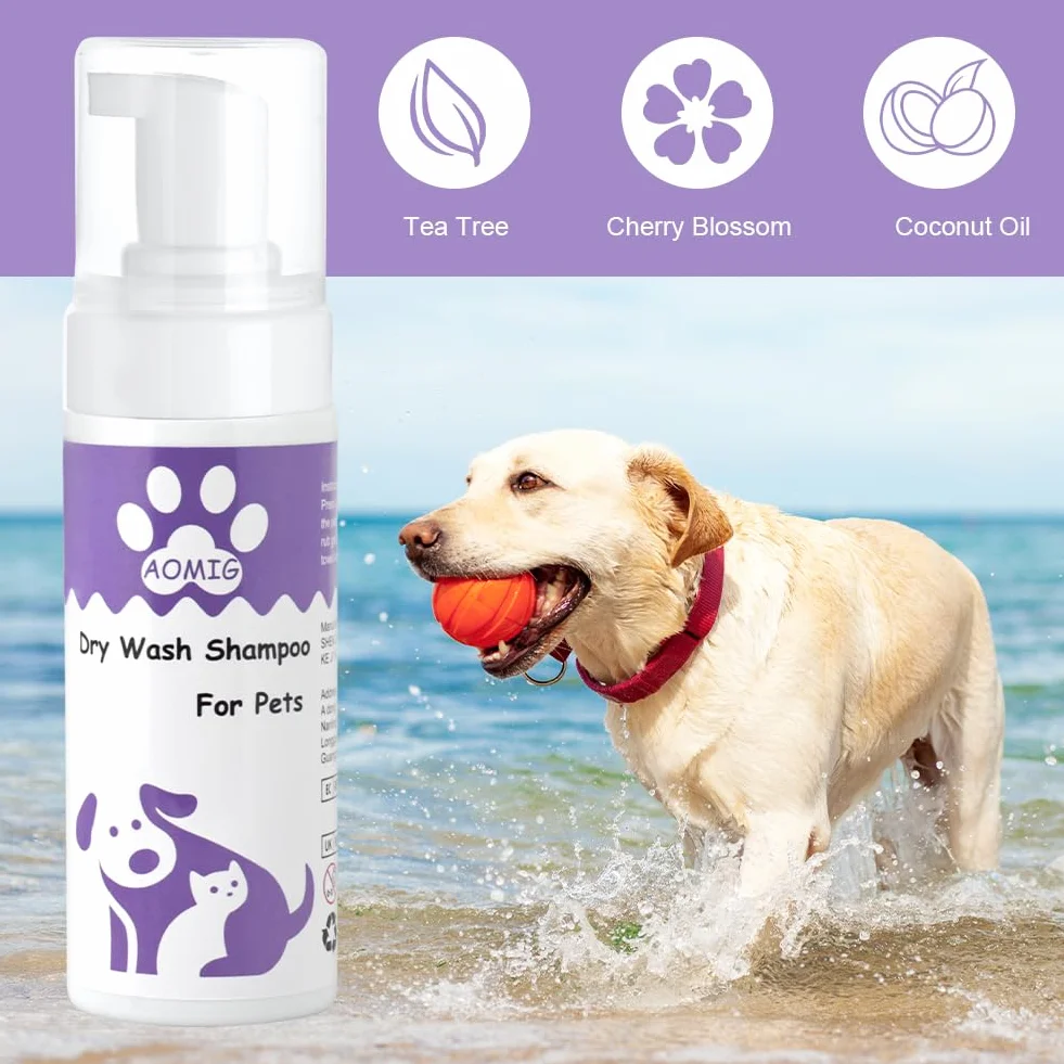 Aomig Shampoing Sec Chat Chien 150ml sans Rinçage Nettoyage Profondeur Poil Brillant Naturel