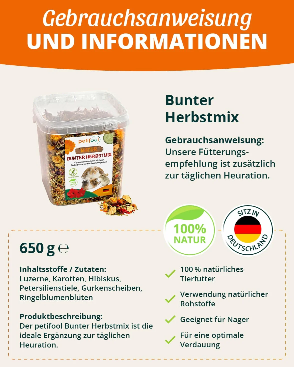 Petifool Aliments complémentaires pour rongeurs Mélange d'automne coloré 650 g