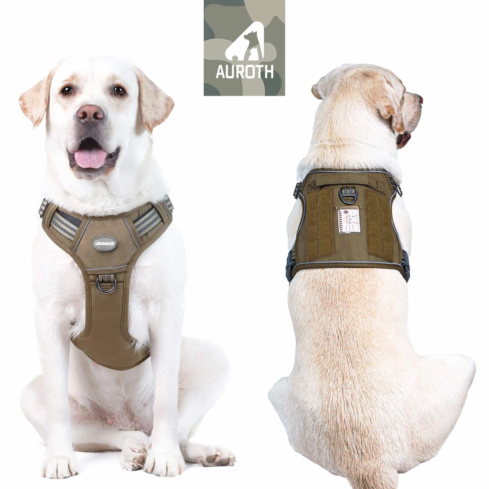 Harnais de Chien Anti Traction Tactique Respirant Réglable Taille L Brun Vert