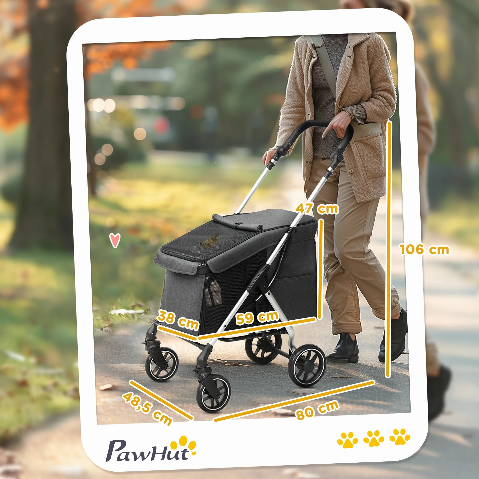 PawHut Poussette buggy pliable pour chien, porte-gobelets, laisse de sécurité, roues 360°, fenêtre à mailles, alliage d'aluminium, chariot chien chat petit miniature gris
