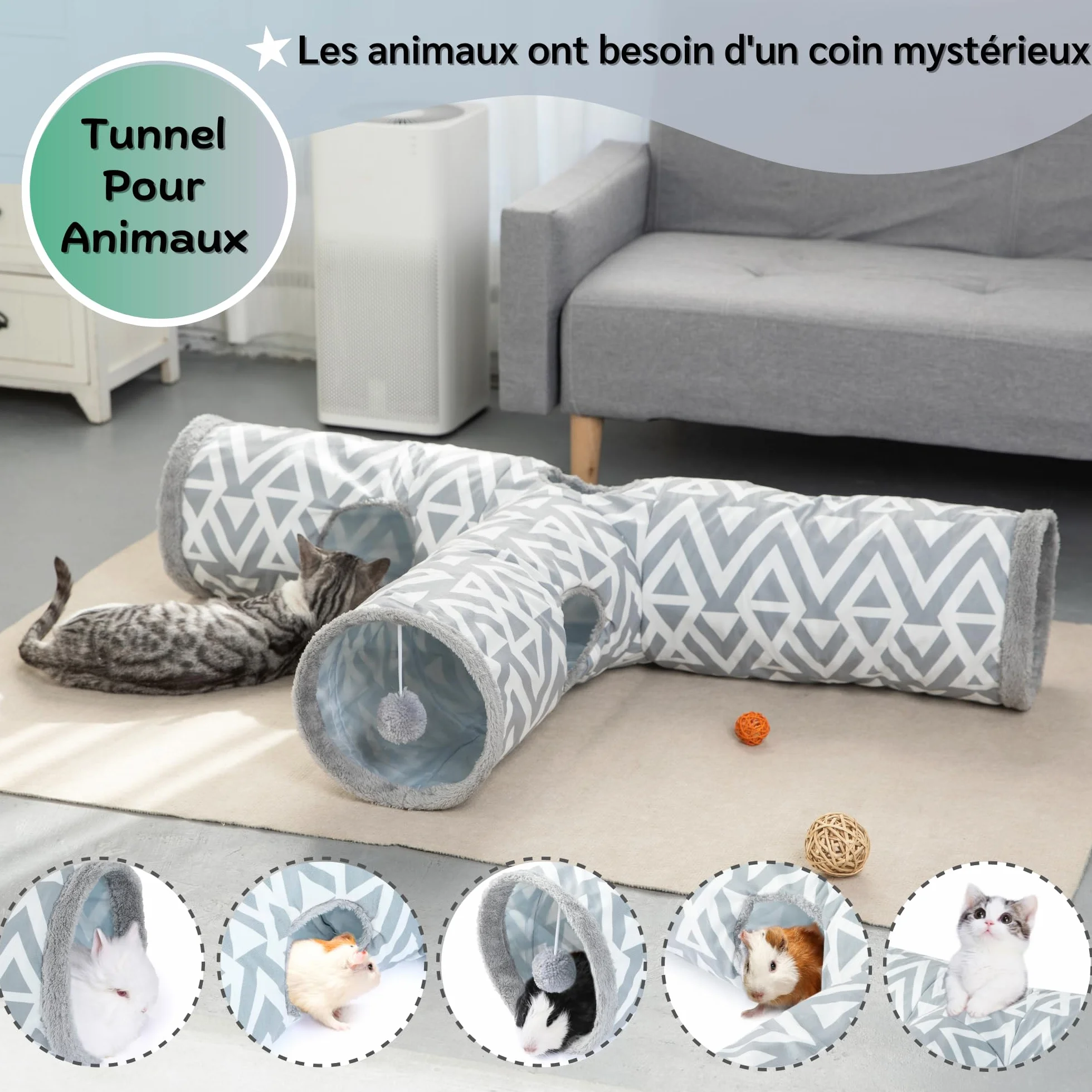 JanYoo Tunnel pour Chat et Lapin - Tunnel de Jeu en Peluche 3 Voies - Jouet pour rongeurs Trou d'espionnage interactif - Ø 26 cm - Gris