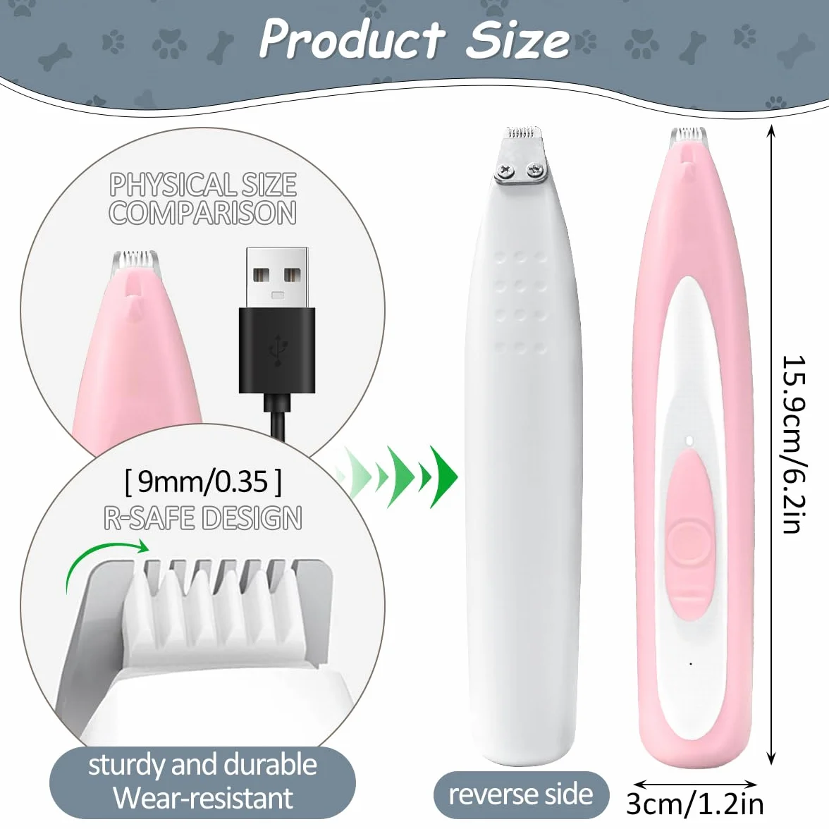 Tondeuse Chat Chien Rechargeable USB Faible Bruit Lumière LED Rose Toilettage Pattes Oreilles Croupe