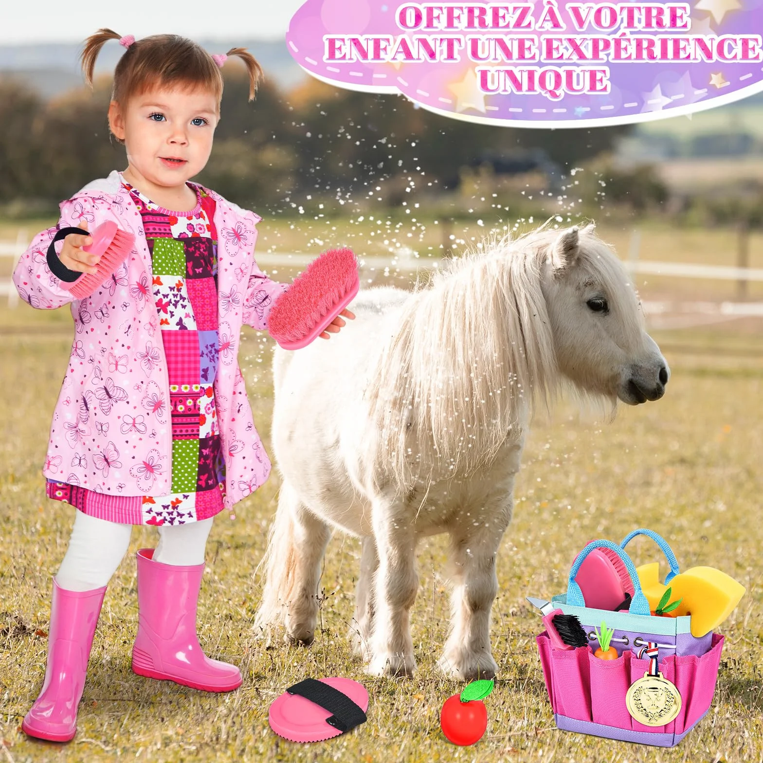 Set de Pansage Cheval Jouet Accessoires Enfants avec Brosse de Massage et Grattoir à Sabot