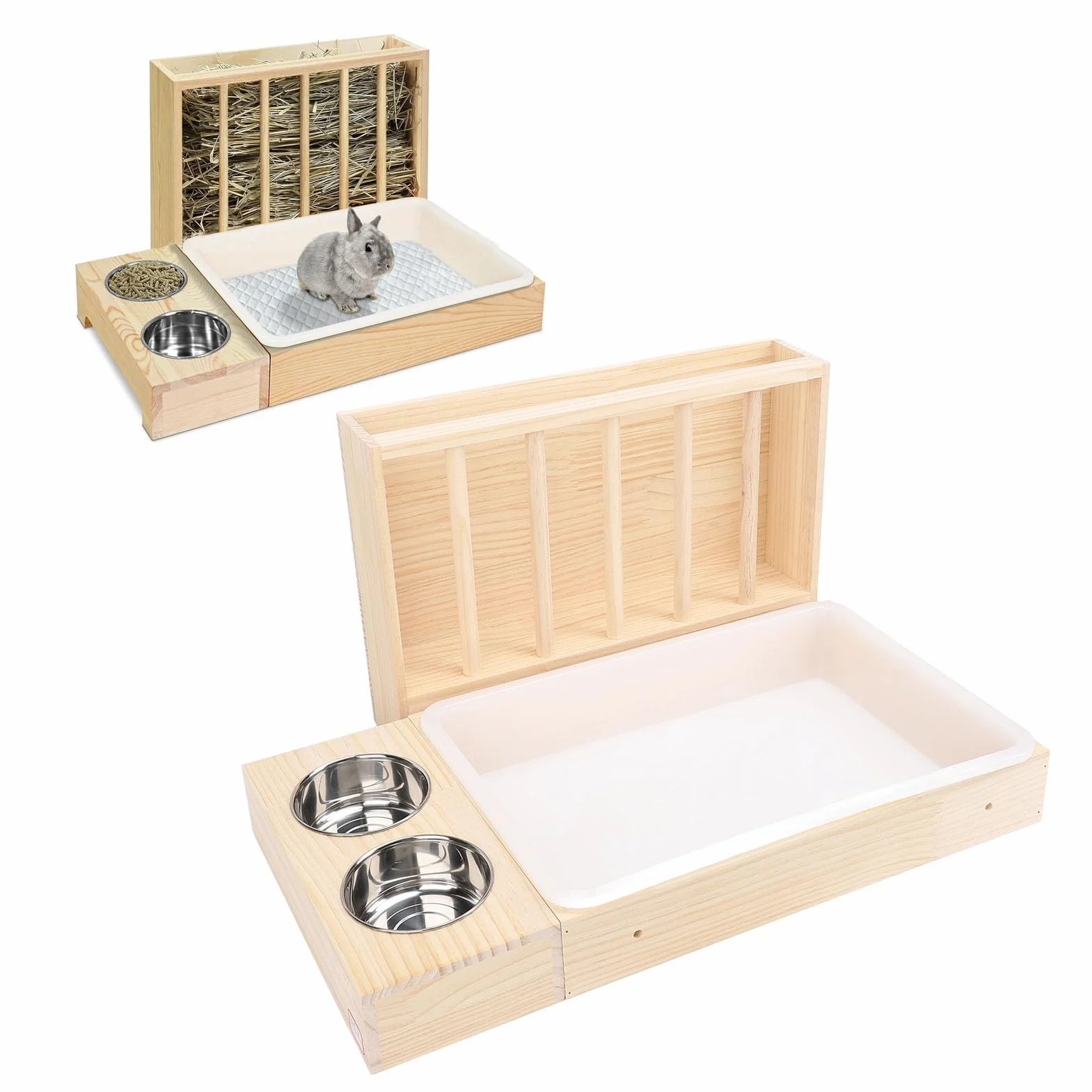 Grand Support en Bois pour Lapins avec 2 Bols, Mangeoire WC Litière Combo