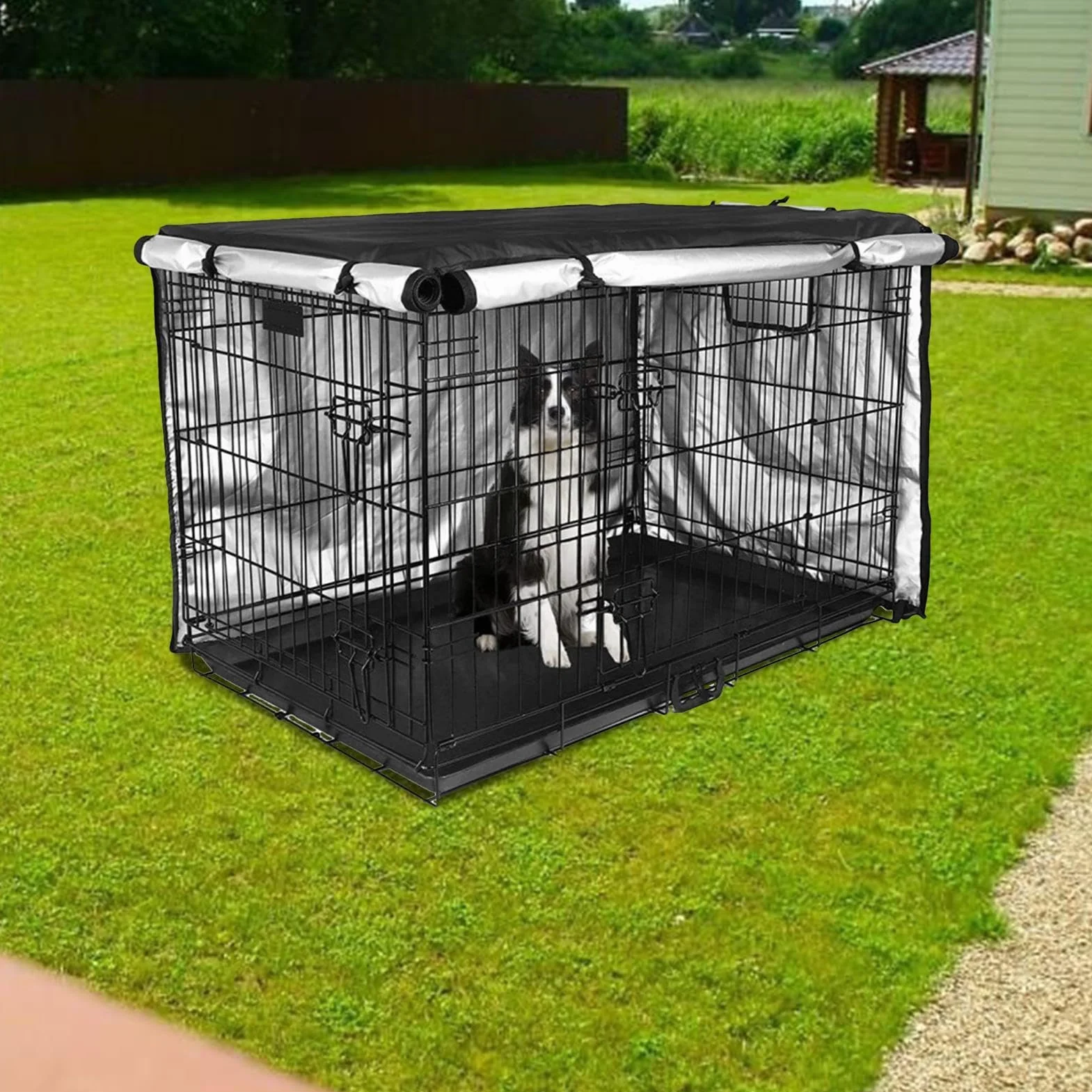 Housse de niche pour chien en tissu enduit d'argent double porte imperméable anti-UV avec fenêtre d'aération extérieur