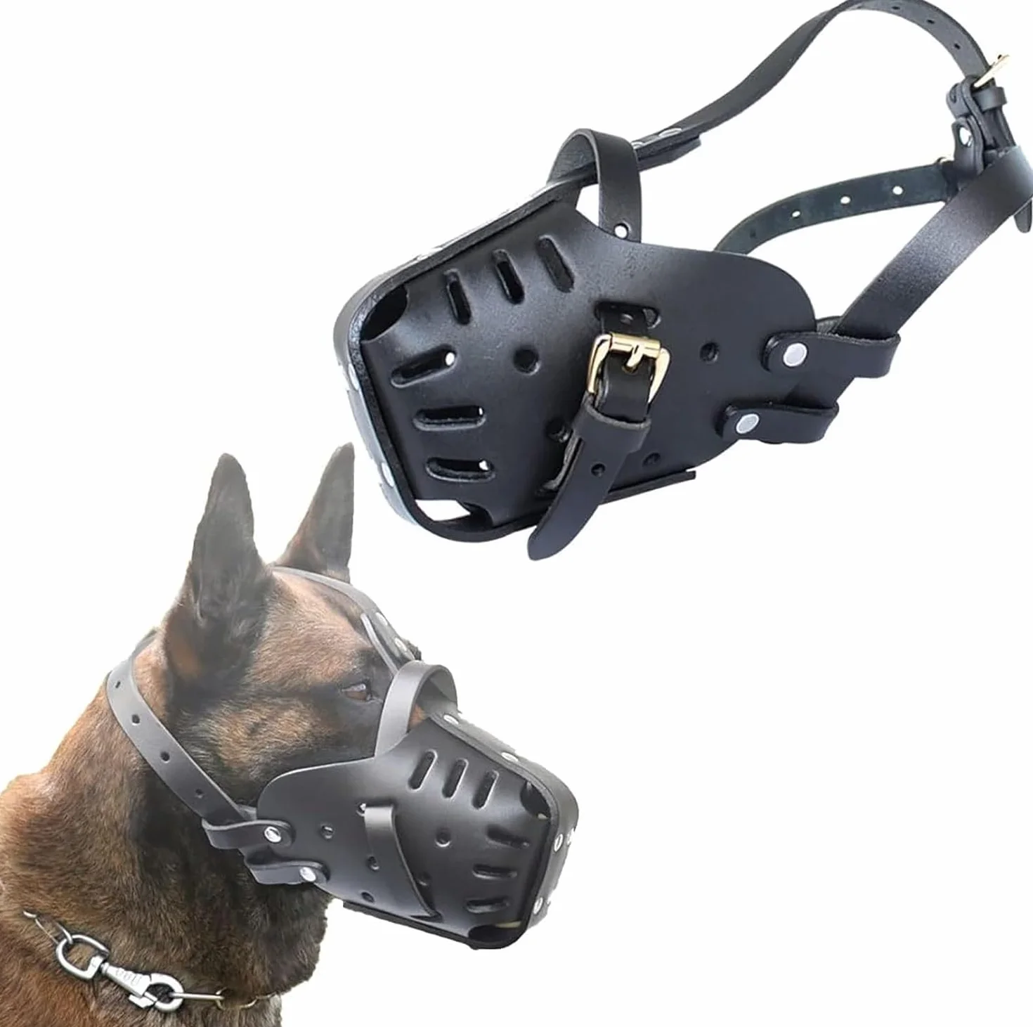 Muselière pour Berger Allemand Malinois, protège-Dents en Cuir pour Mordre, mâcher, toilettage, réglable, Respirant, pour Chiens de Taille Moyenne et Grande, Noir, Tour de Cou - 35 x 50 cm